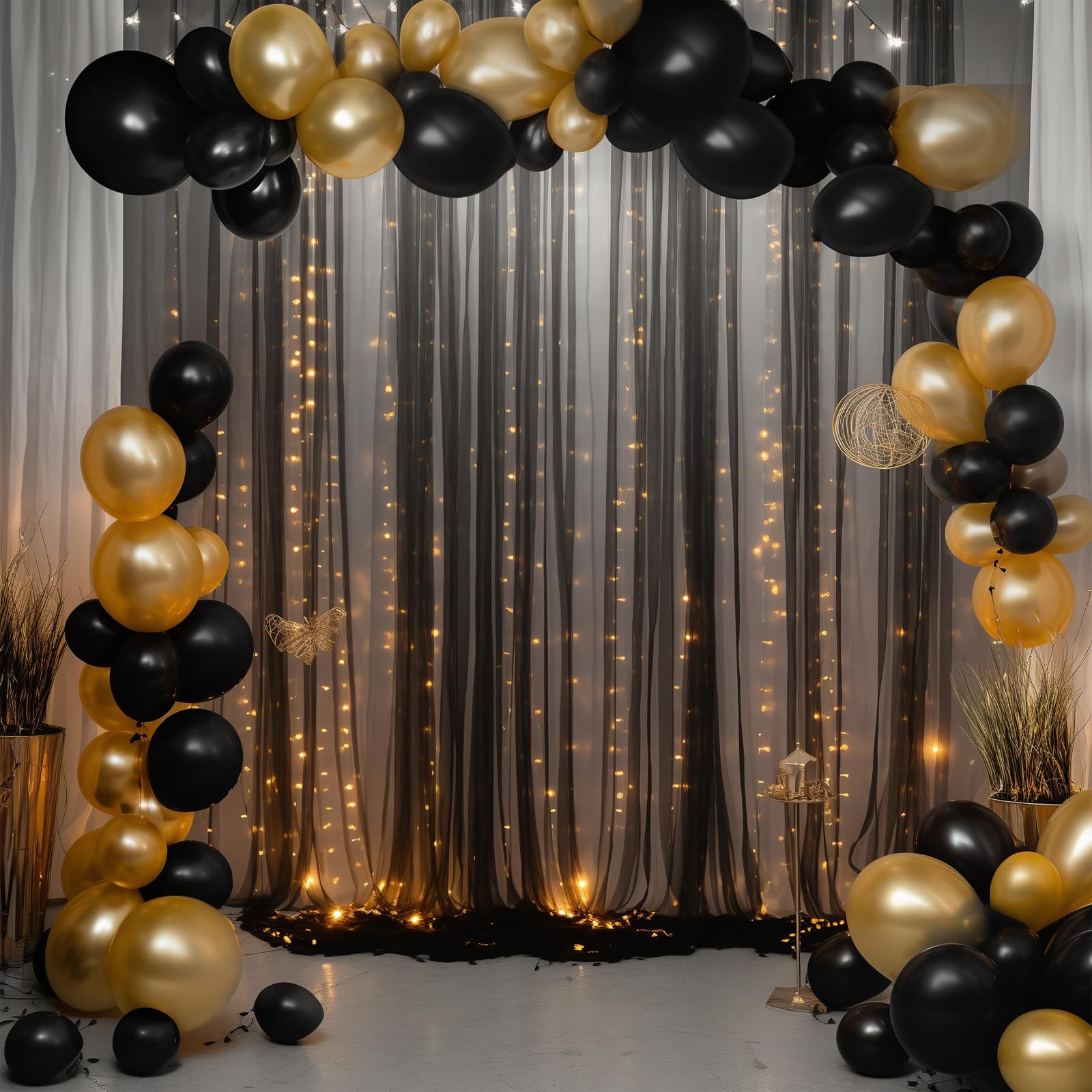 10x10ft Sheer Black Backdrop Curtains for Parties, Tulle Wedding Arch Draping…