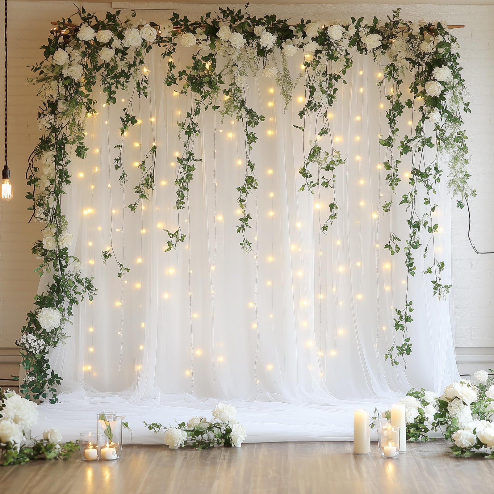 Tulle Backdrop Curtain With Lights String 10×8 FT White Sheer 2 Panels Box