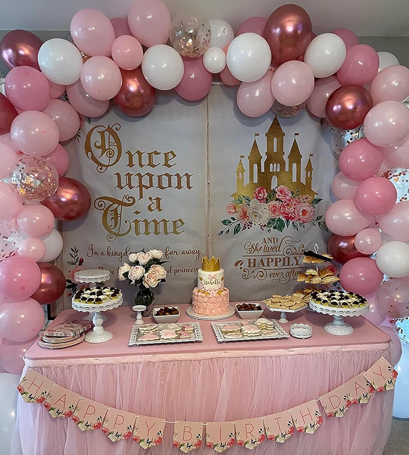 8x6ft Once Upon a Time Backdrop Pink Floral Gold Castle Princess 8x6ft,