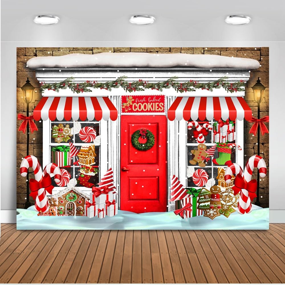 10×8 FT Christmas Candy Store Backdrop Gingerbread House Photography Decor
