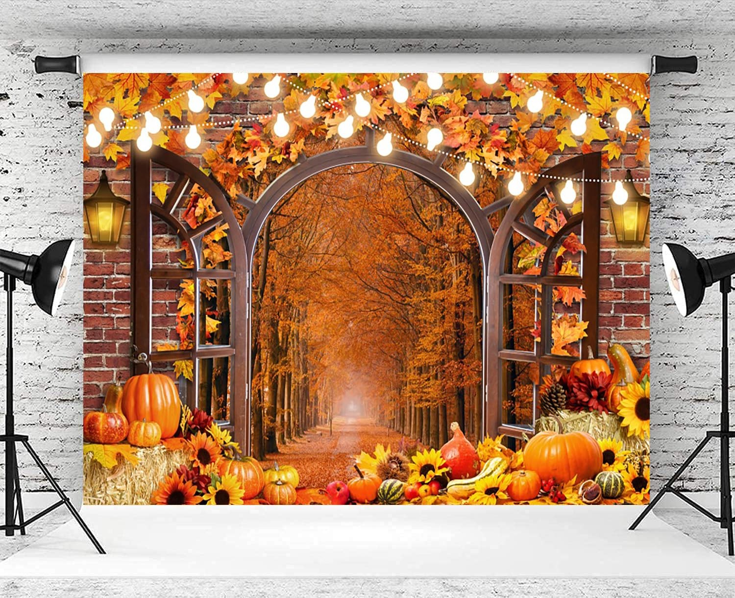 10x8FT Fall Harvest Pumpkin Window Brick Wall Photo Backdrop Party Booth Prop
