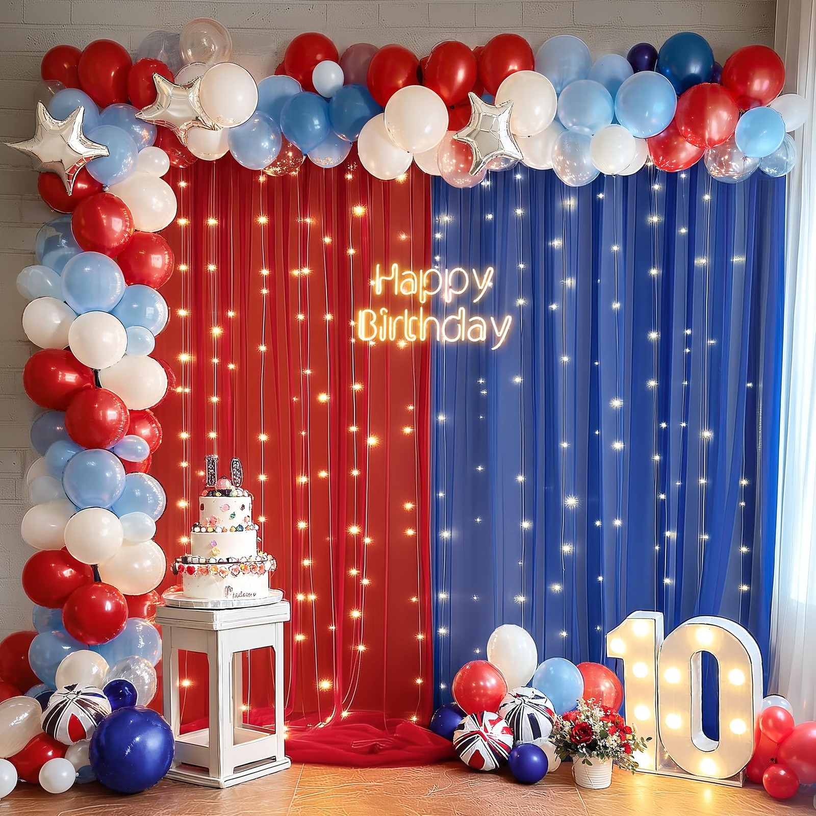 10x10ft Royal Blue Red Tulle Backdrop Curtain with Lights String for Parites,…