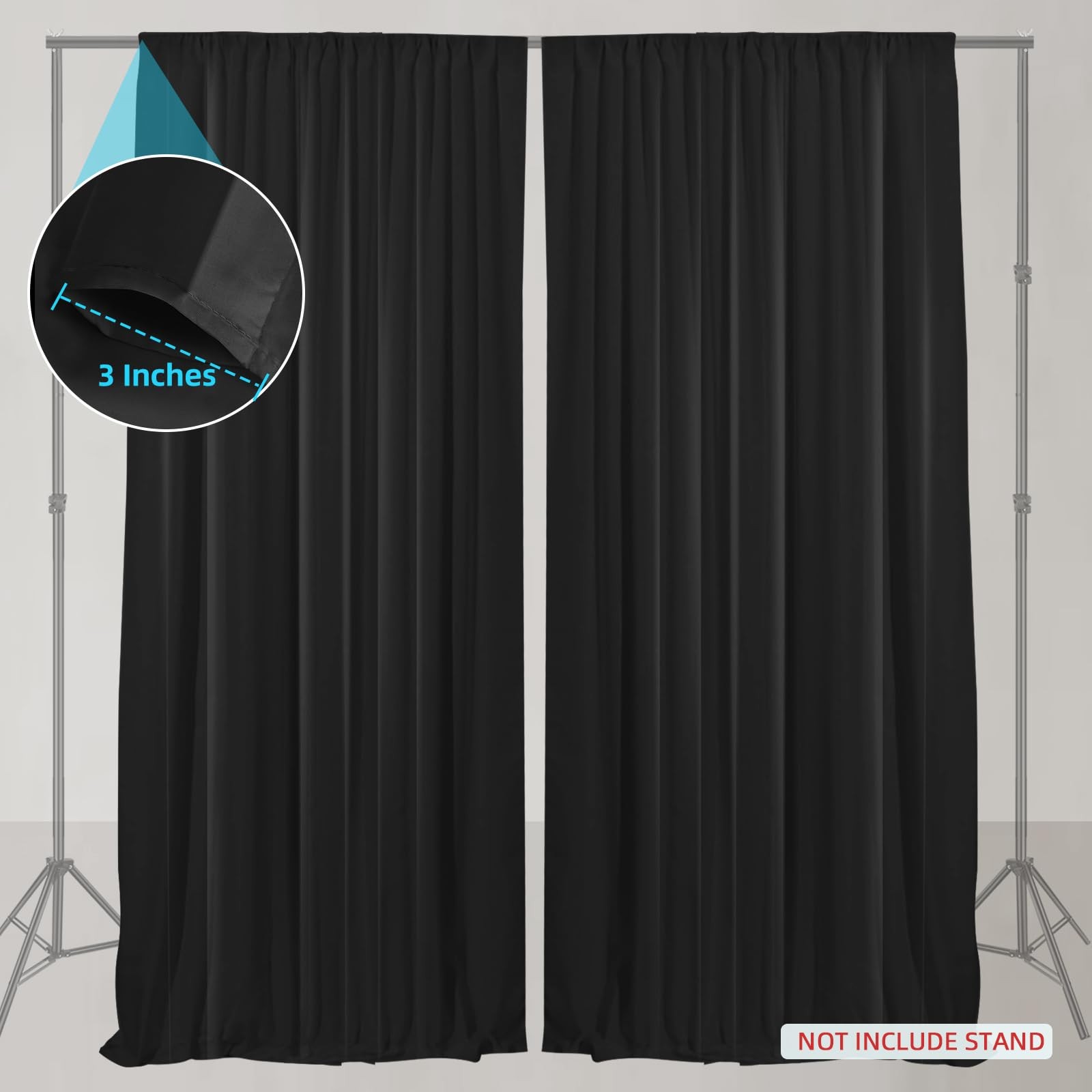 2 Panels 10x10ft Black Backdrop Curtain, Rod Pockets, Wrinkle Free, 5x10ft Each