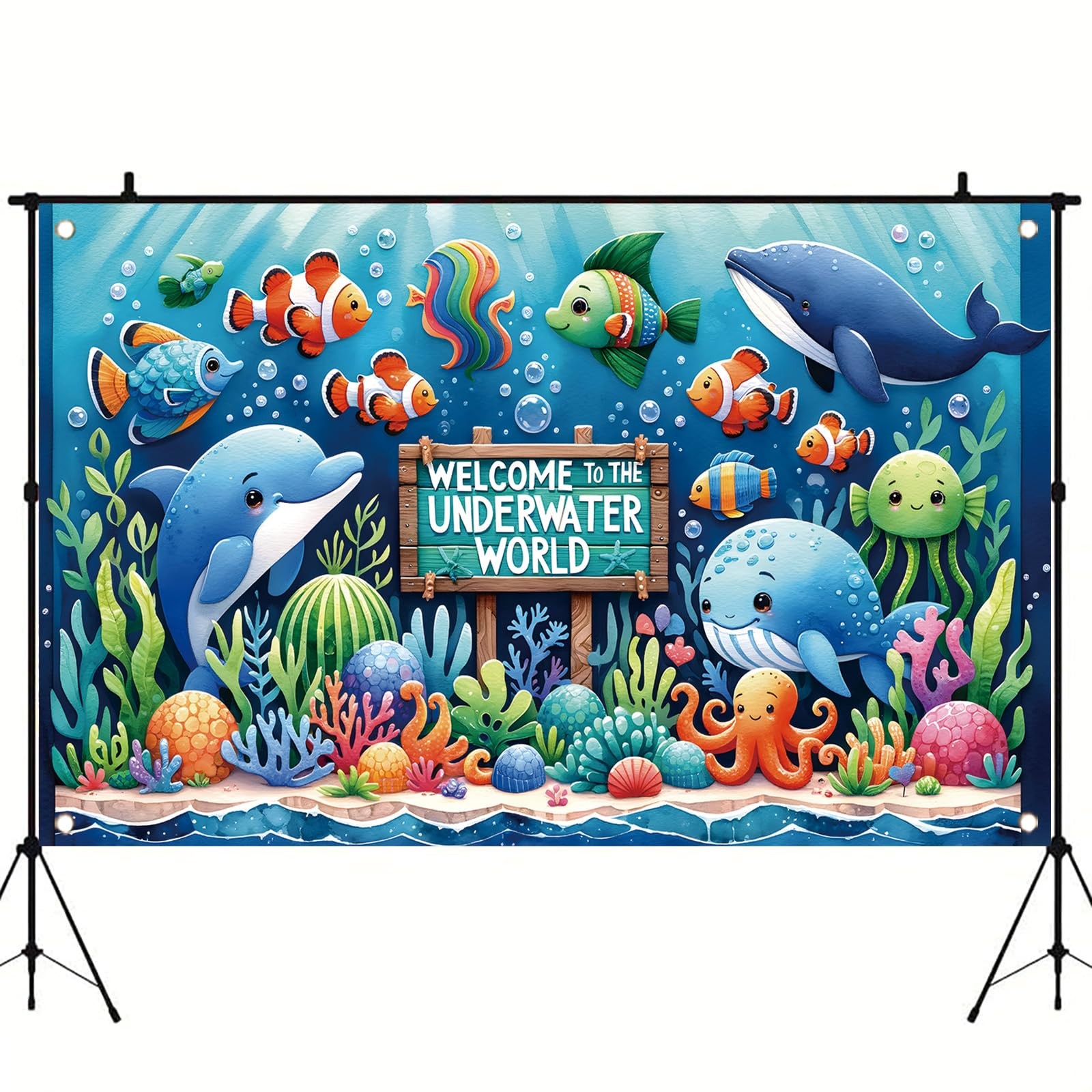 Underwater World Backdrop Banner Ocean Party Decoration Cute Sea Animal Banne…
