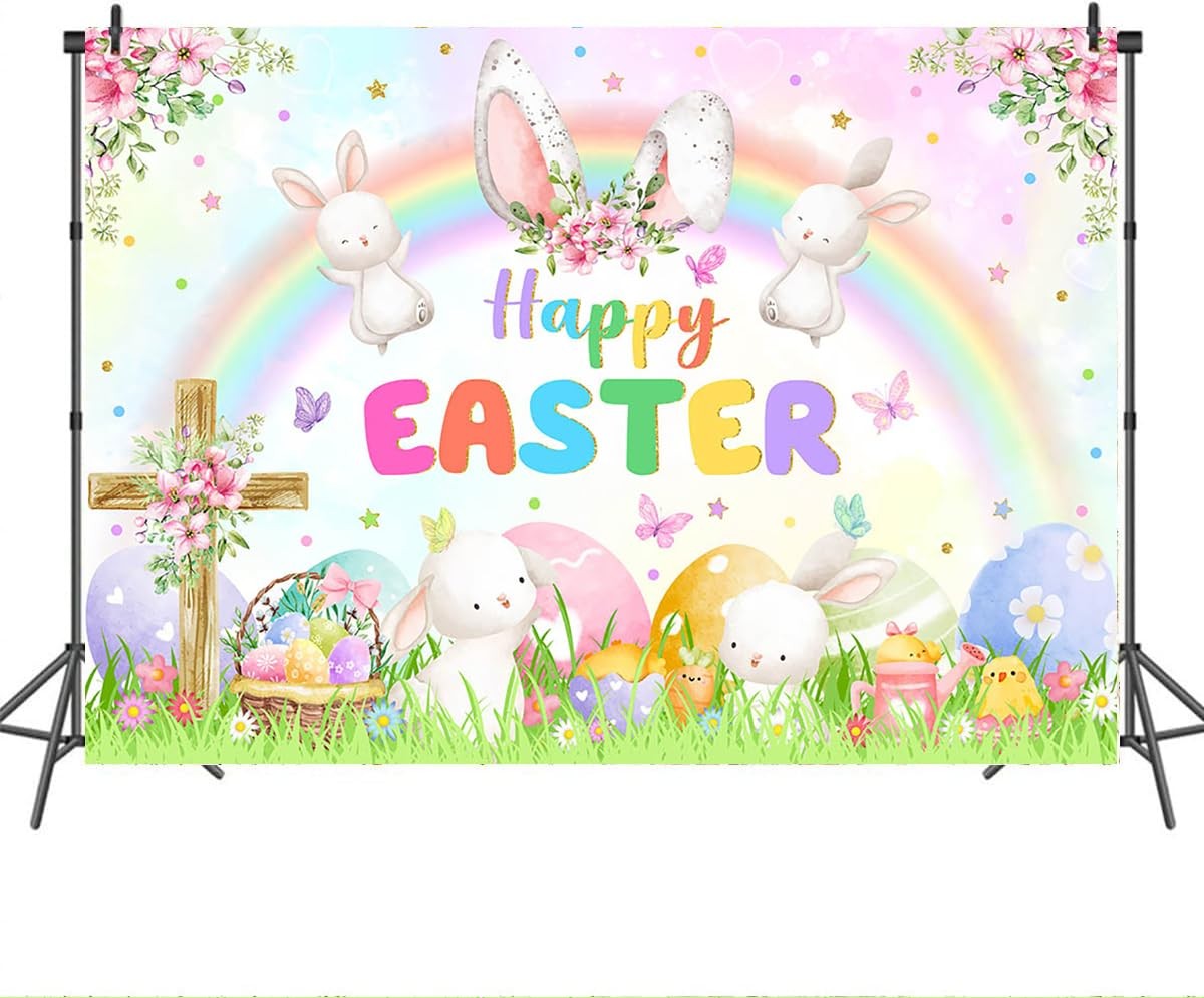 7x5ft Spring Easter Backdrop Banner Spring Rainbow Garden Happy Easter Backgroun