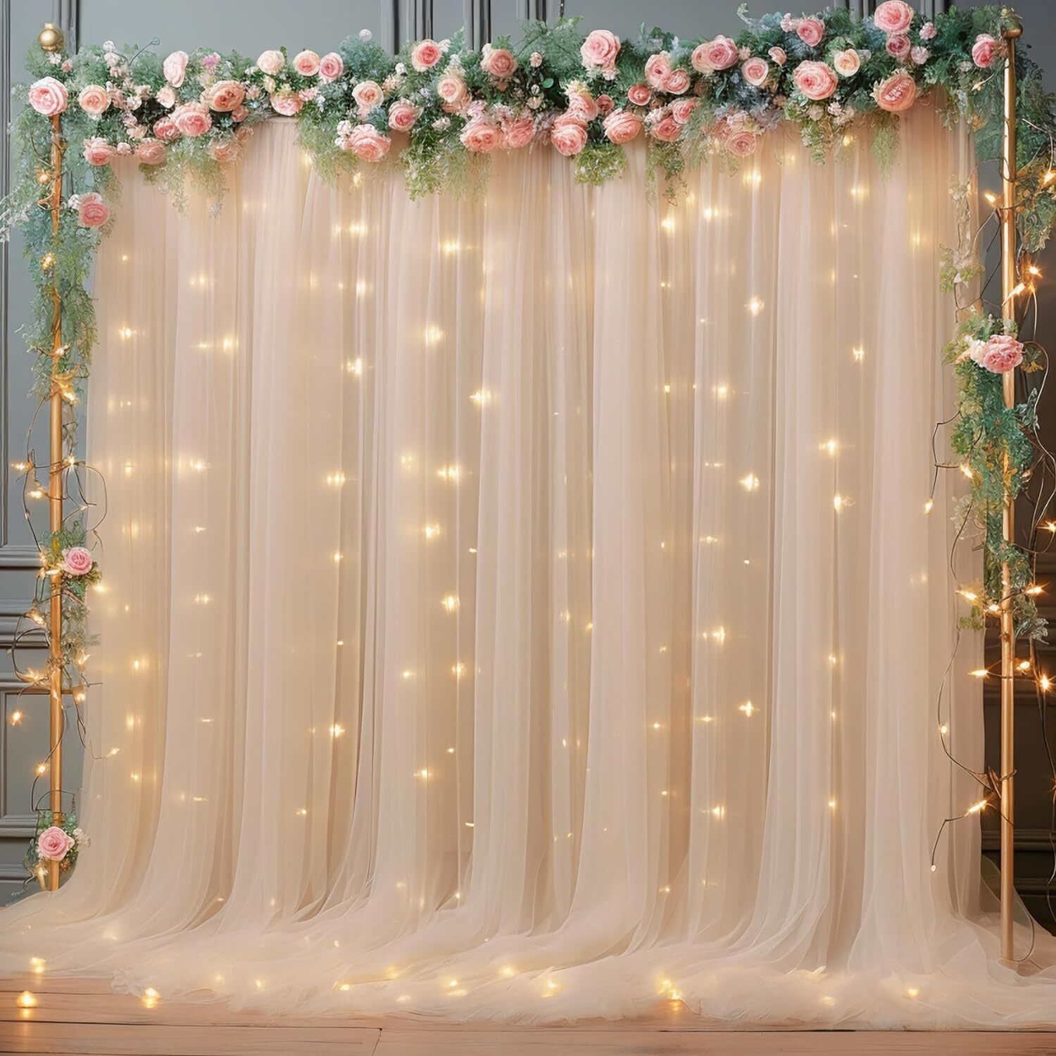 10×10ft Champagne Tulle Backdrop Curtain with Lights 10ftx10ft,