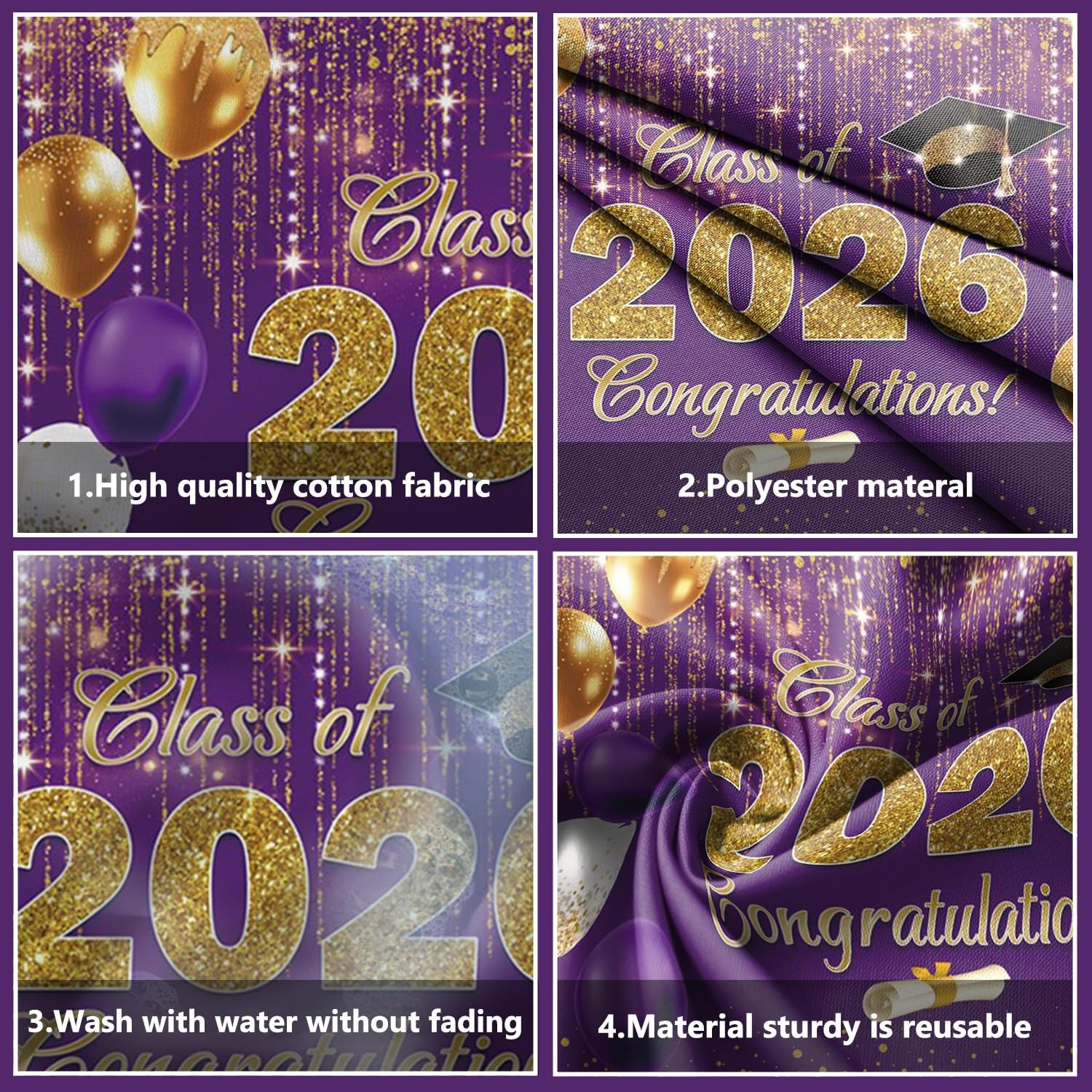 7x5ft Class of 2026 Party Backdrop, Purple and Gold Congrats Grad Backdrop Congr