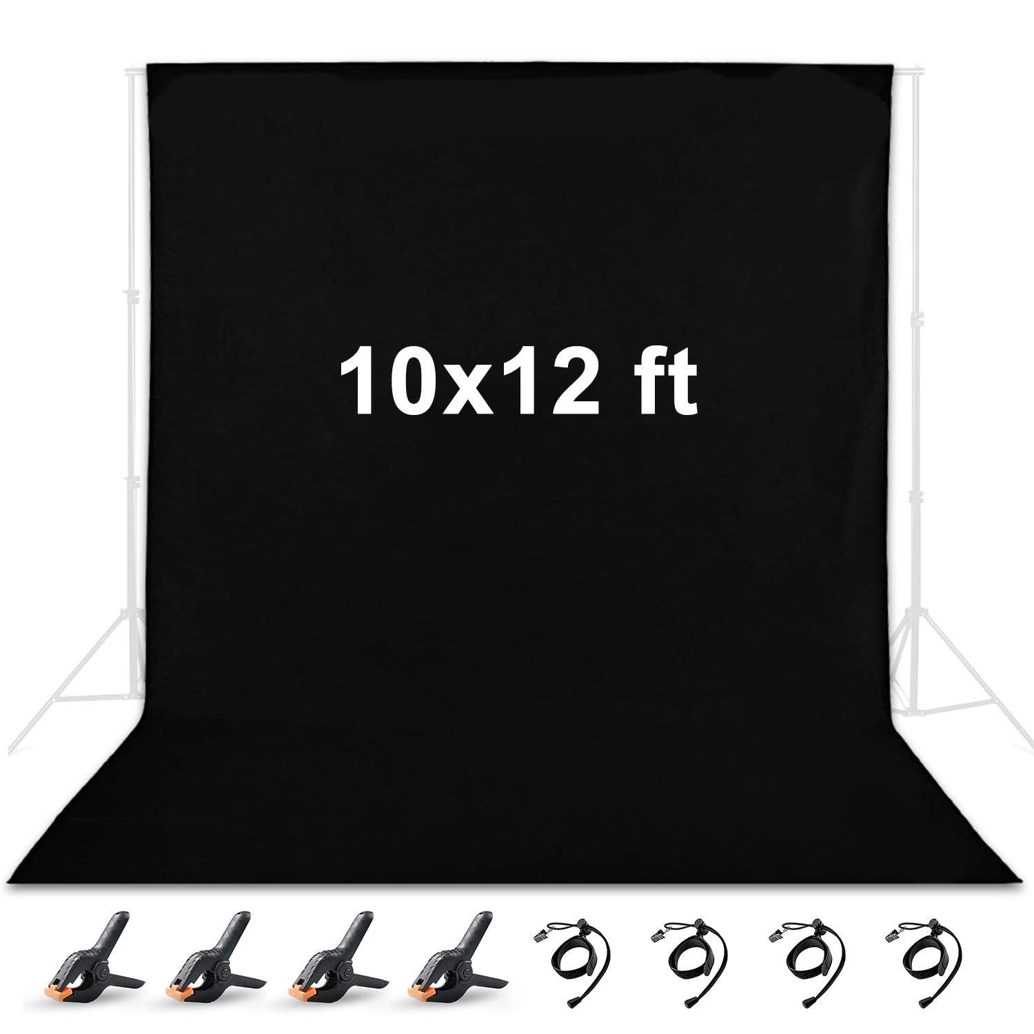 10×12 ft Black Polyester Backdrop for Photography & Video, Includes Clips & Clam