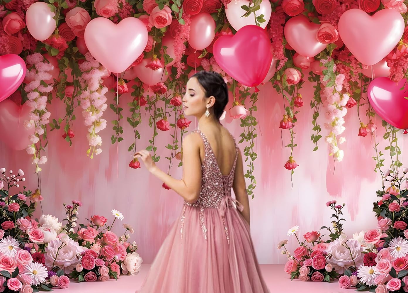 Flowers Wall Backdrop Pink Flowers Love Heart Balloons Romantic Photography B…
