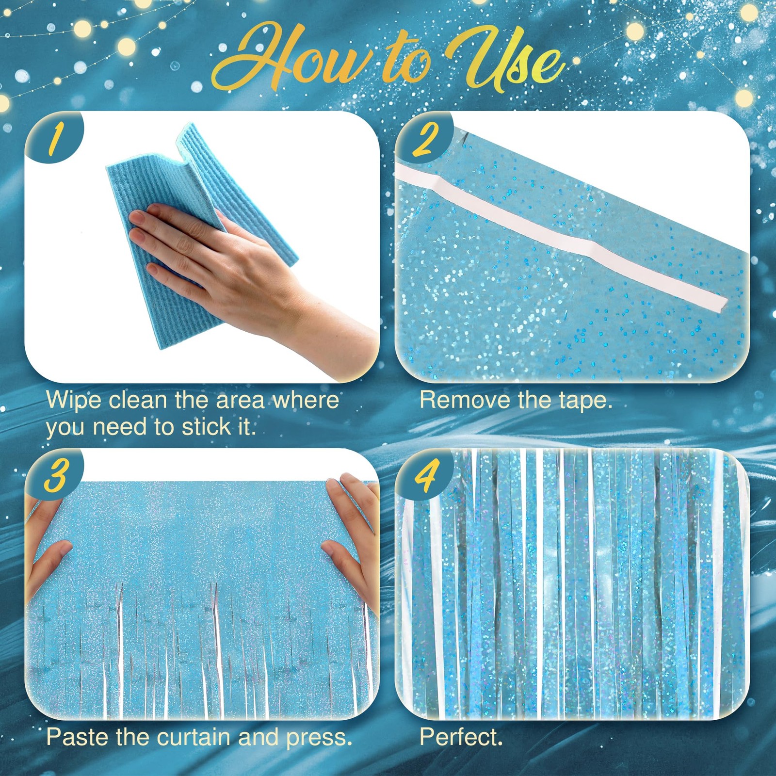 2 Pack Holographic Light Blue Fringe Backdrop 3.2×8.2 Ft Foil Tinsel Curtain