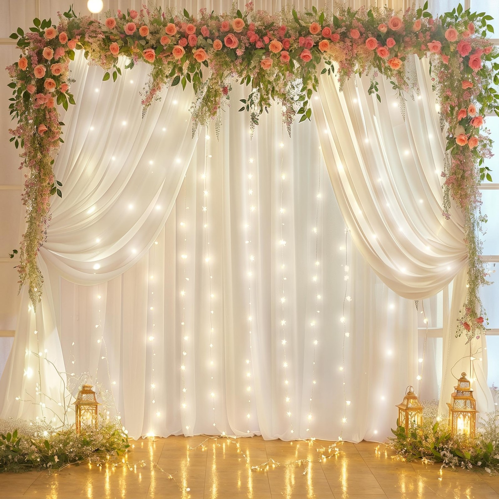 10x7FT Cream White Chiffon Wrinkle Free Backdrop Curtain String Lights Wedding