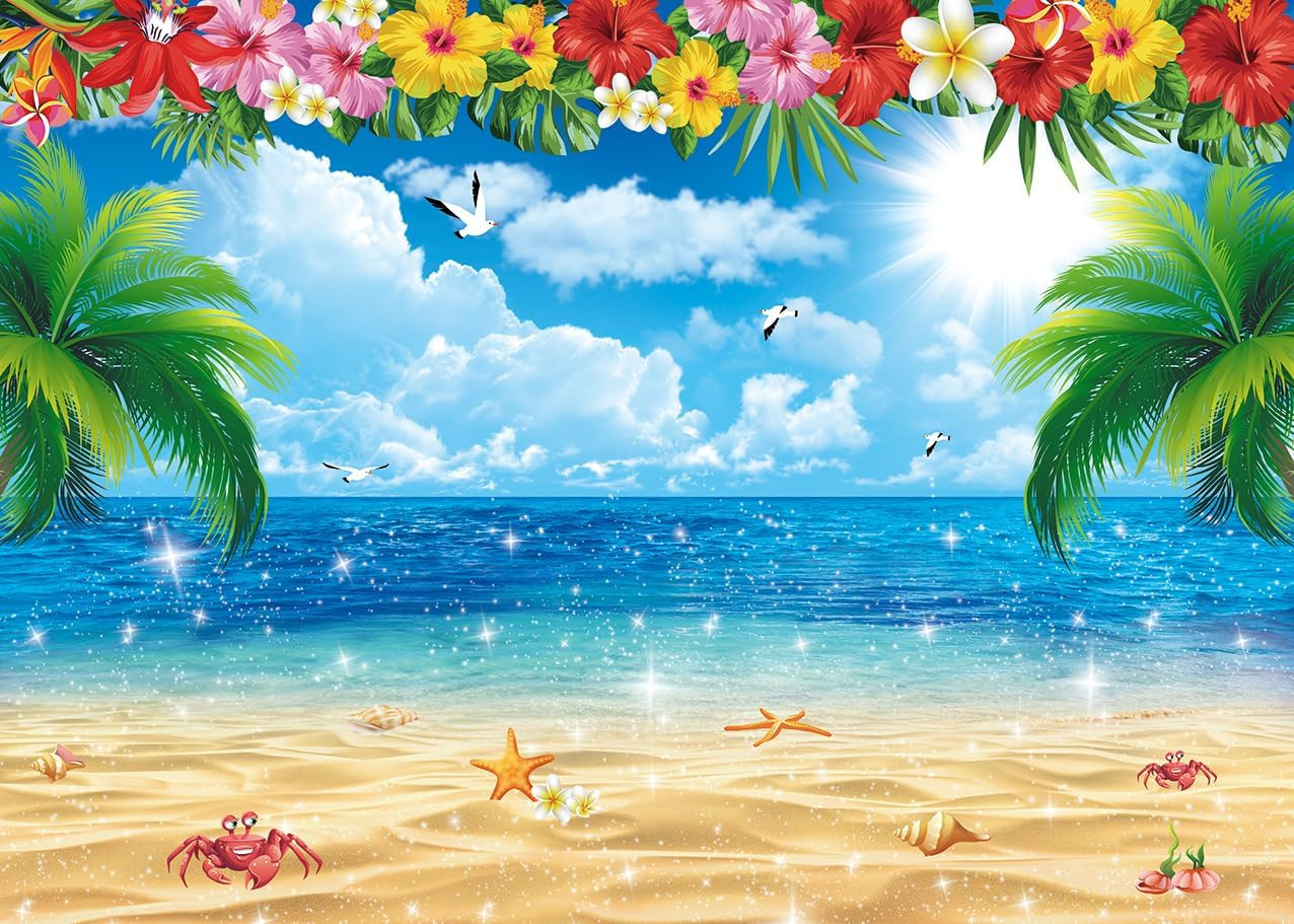 XCKALI Summer Hawaiian Beach Backdrop Tropical Flower Palm Ocean Birthday