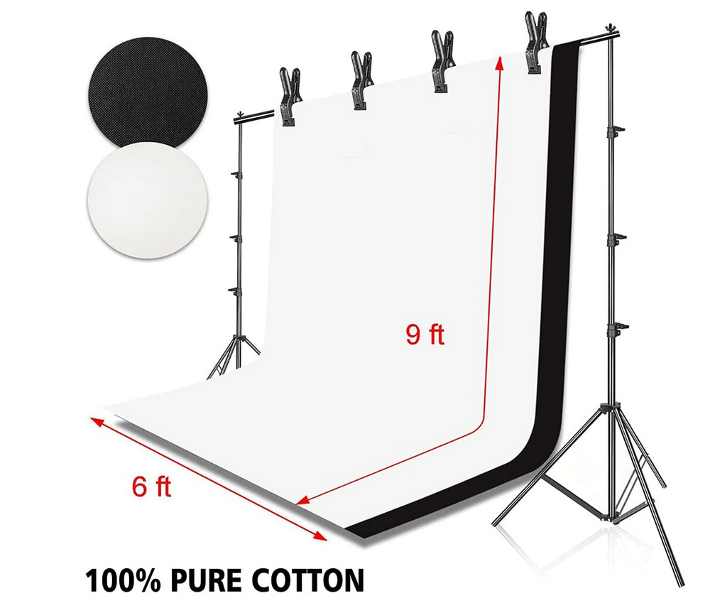Photo Background Stand Kit 8.5’x10′ Muslin White & Black Backdroops 4 Clamps Bag