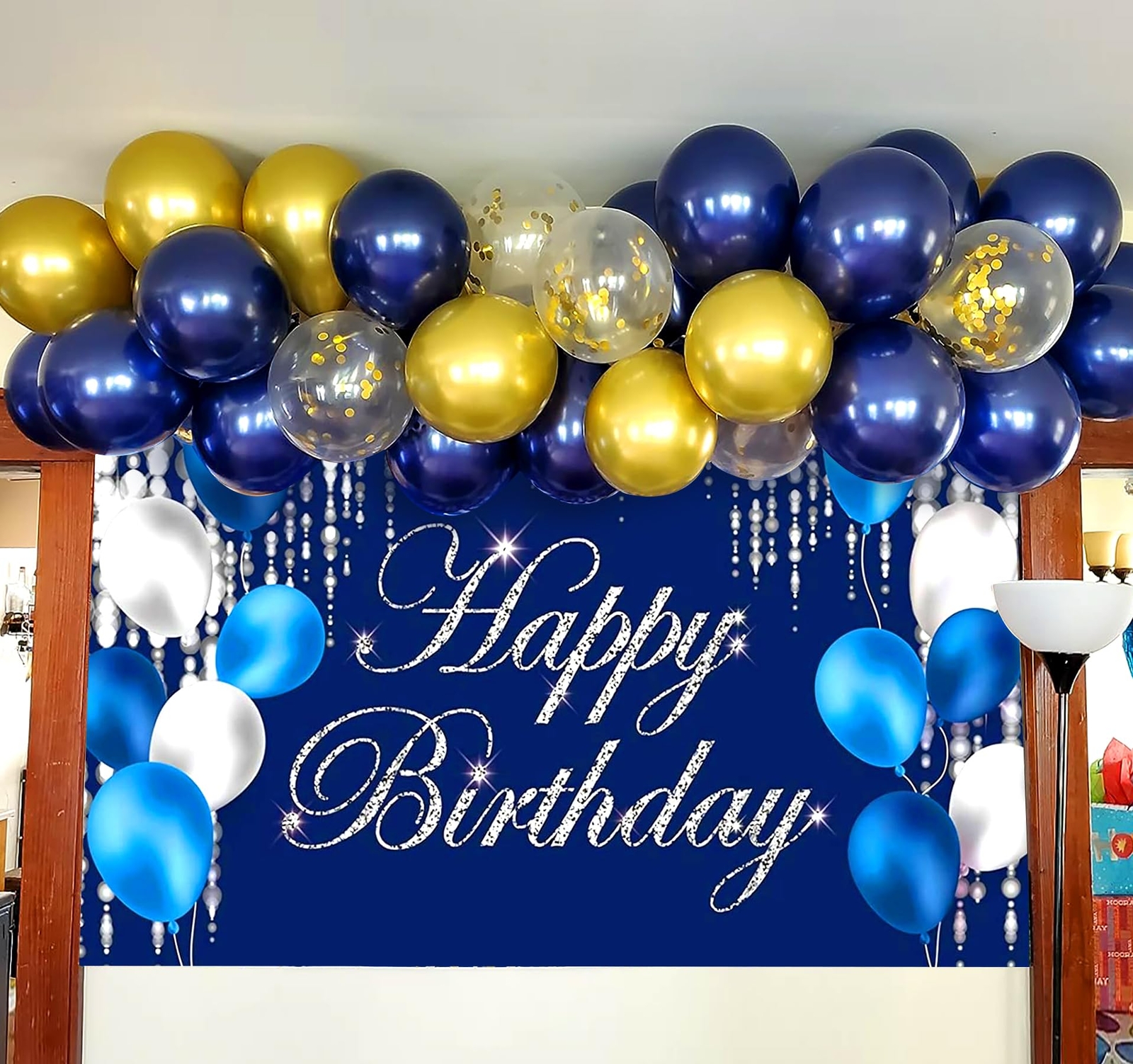 Blue and Silver Happy Birthday Backdrop Banner Sign Photo Background Party Decor