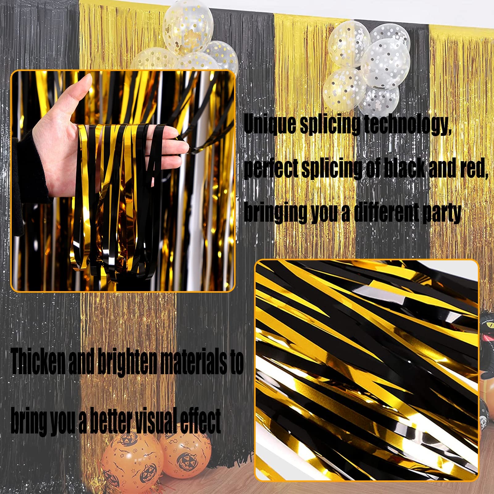 Black Gold Foil Fringe Curtain Backdrop 3.28×9.8 Ft Metallic Tinsel 4 PCS