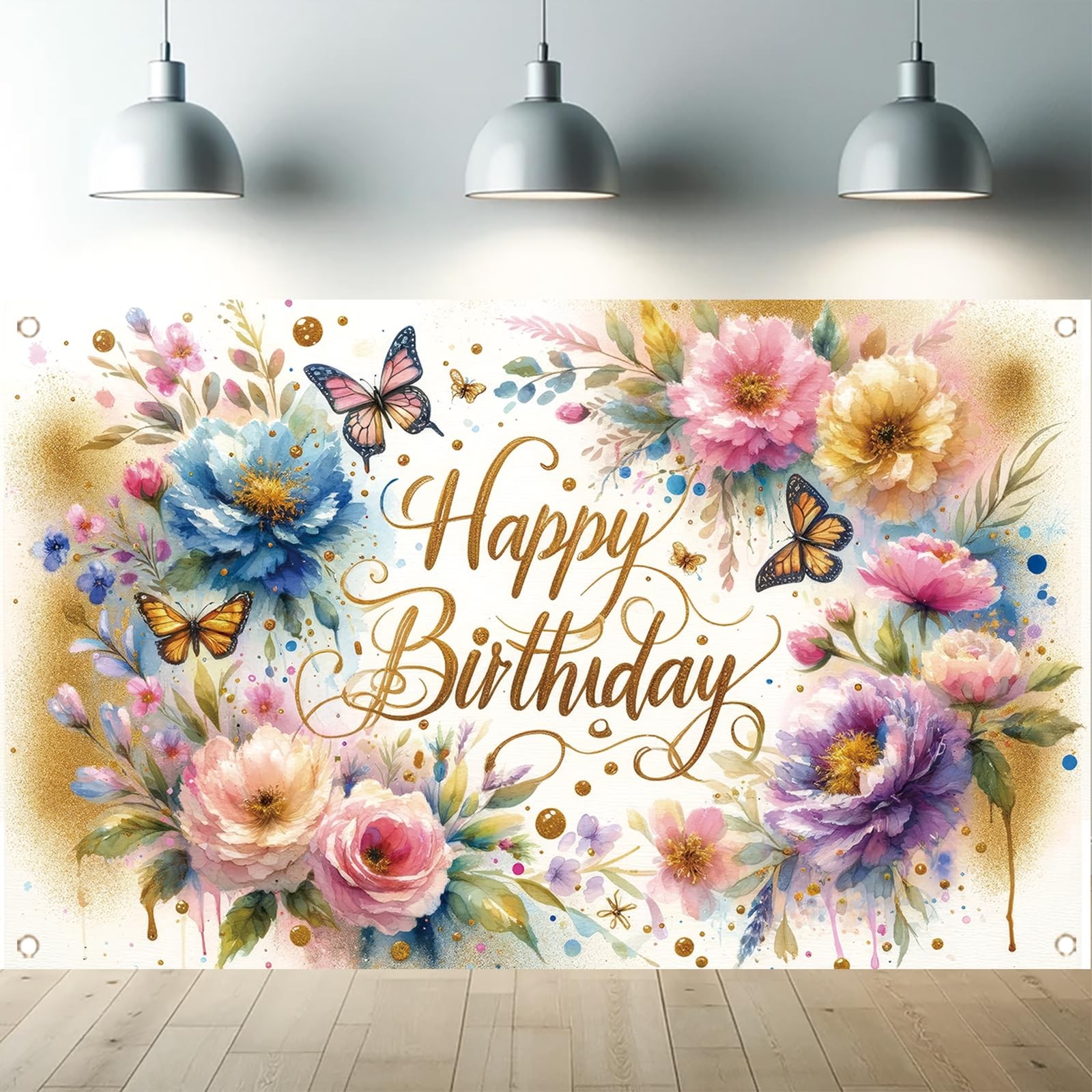 Floral Birthday Backdrop for Girls 71 inches x 43 inches, Butterfly