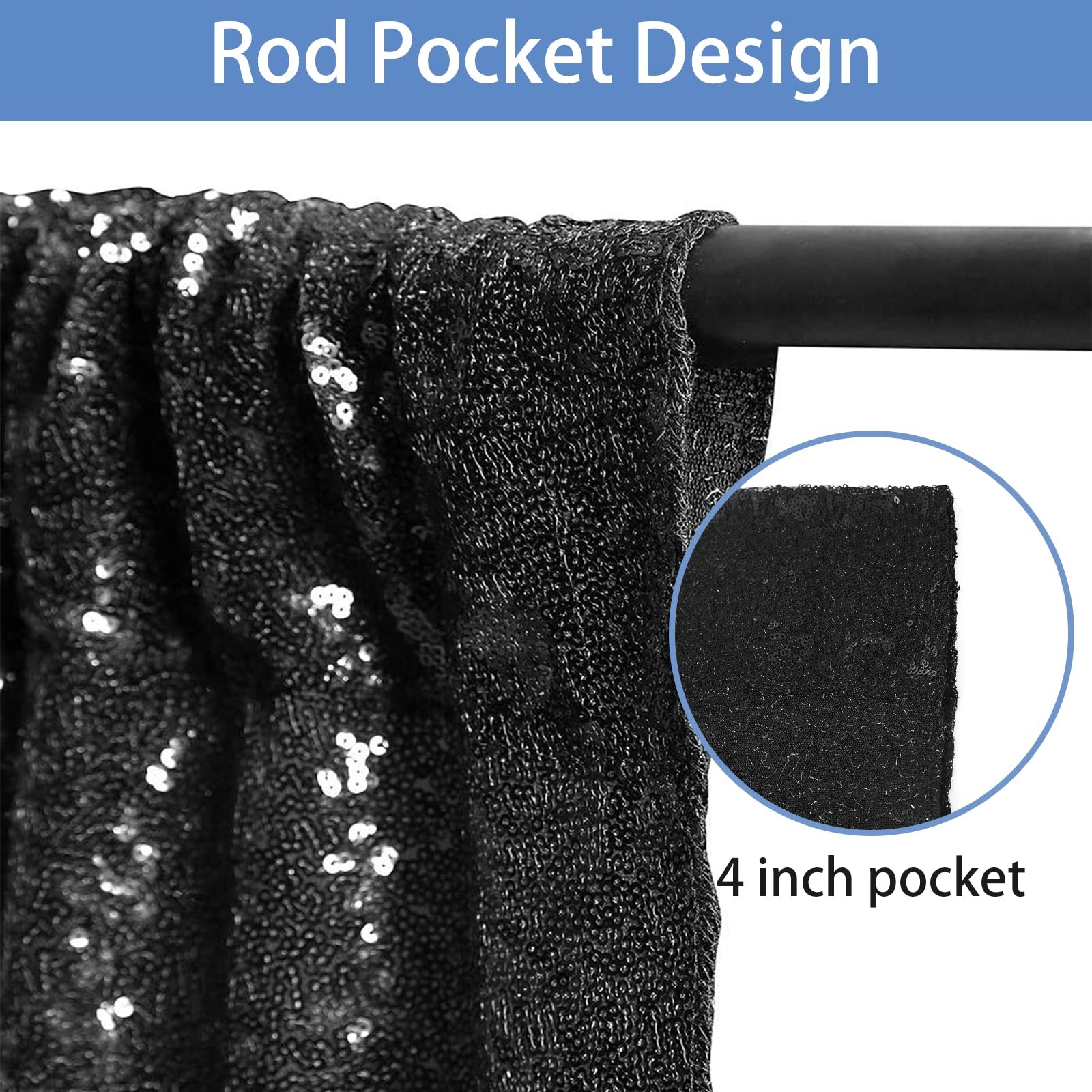 4 PCS 2x8FT Black Sequin Backdrop Curtain Glitter Panel Party Decoration
