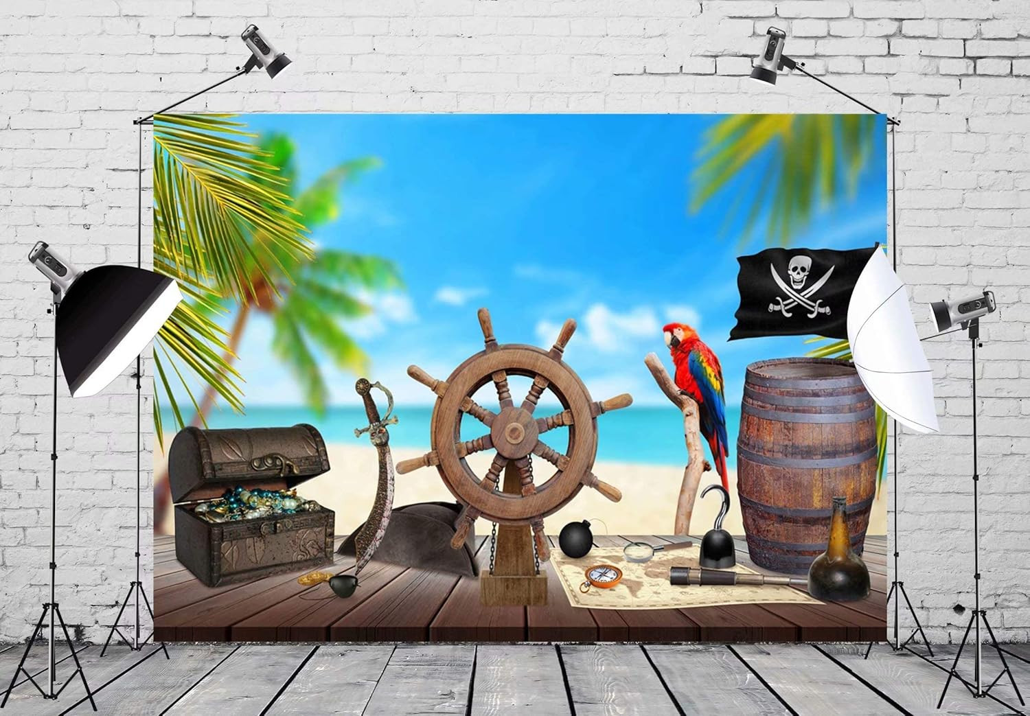 7x5ft Fabric Pirate Backdrop for Photography Beach Pirate Ship Wooden Rudder Tre