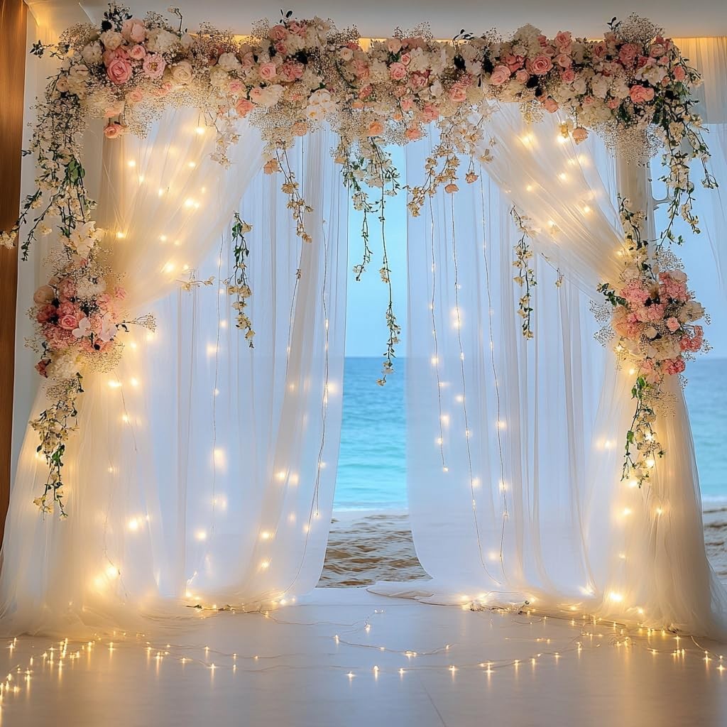 Tulle Backdrop Curtain With Lights String 10×8 FT White Sheer 2 Panels Box