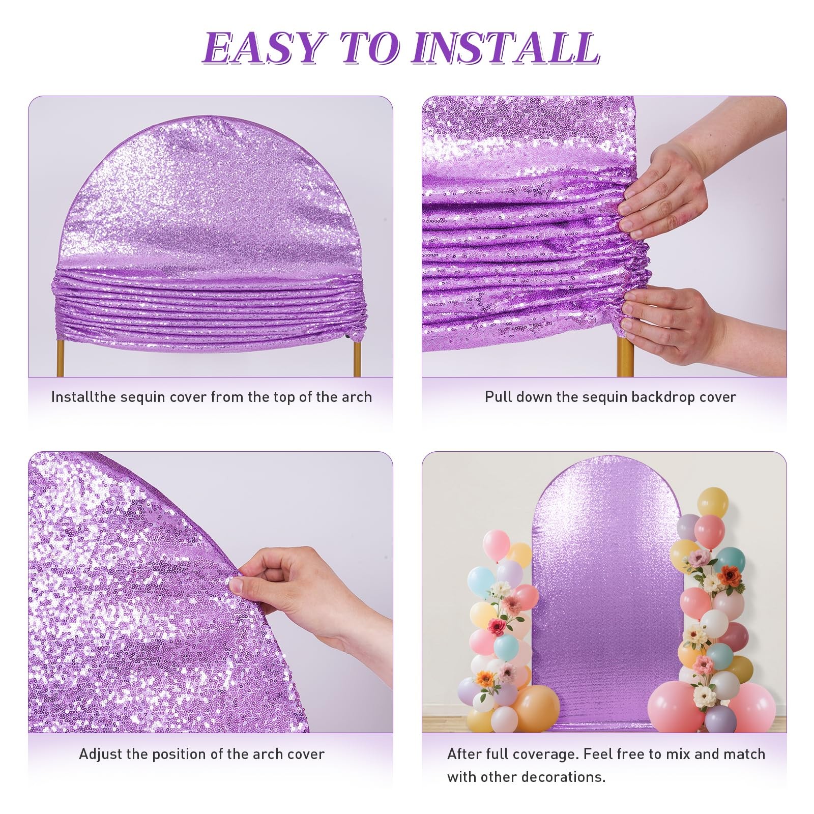 7.2 FT Arch Backdrop Cover, Lavender Bling Sequin Backdrop, Round Top Chiara …