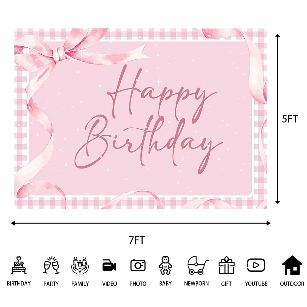 Coquette Pink Bow Happy Birthday Backdrop 7x5ft – Elegant Pink Gingham with R…