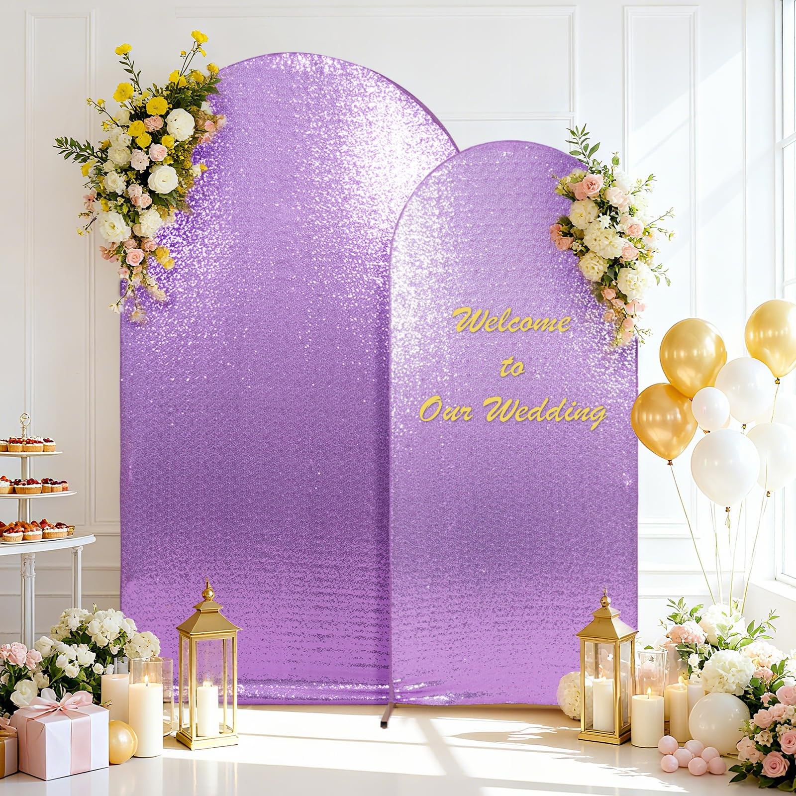 7.2 FT Arch Backdrop Cover, Lavender Bling Sequin Backdrop, Round Top Chiara …
