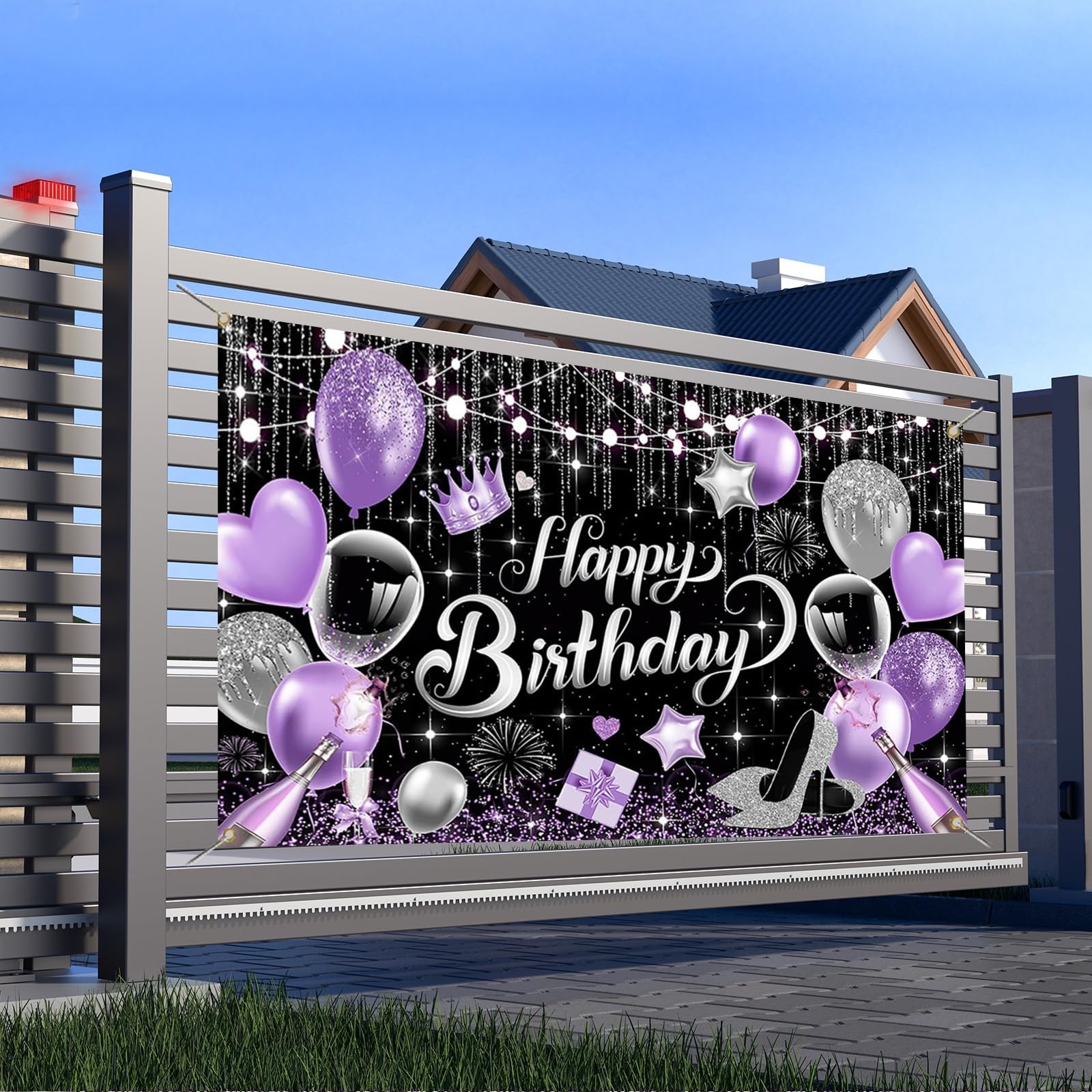 Purple Birthday Backdrop for Woman Glitter Sliver Purple Happy Birthday Party Ba