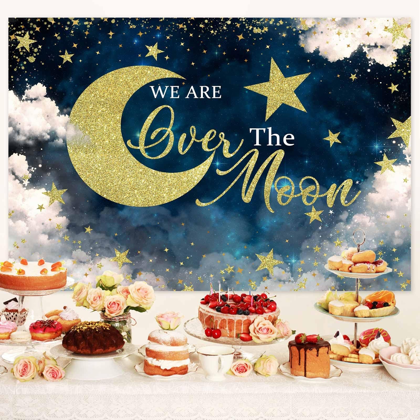 10X8ft We are Over The Moon Baby Shower Decorations Photo 10X8FT, Blue