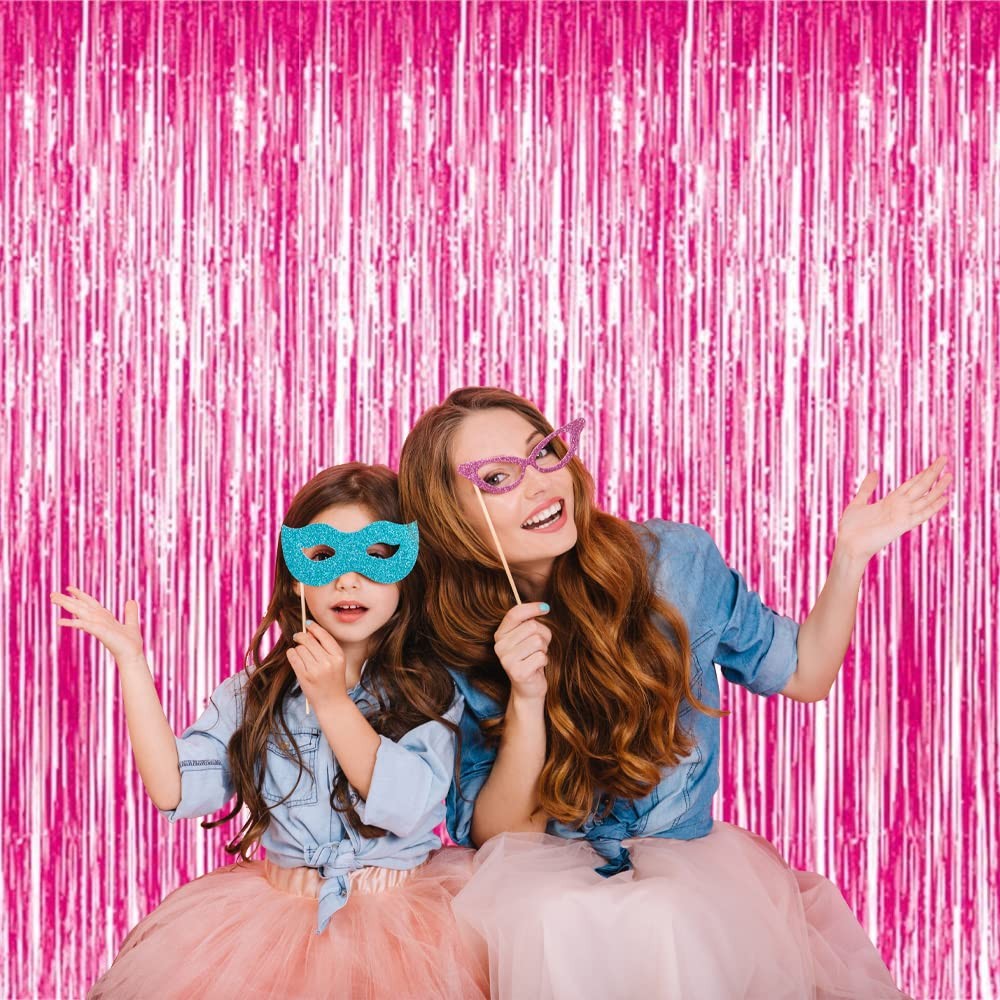 Hot Pink Tinsel Foil Fringe Curtains 2 PCS Streamer Backdrop 6.4×8.2 FT Decor