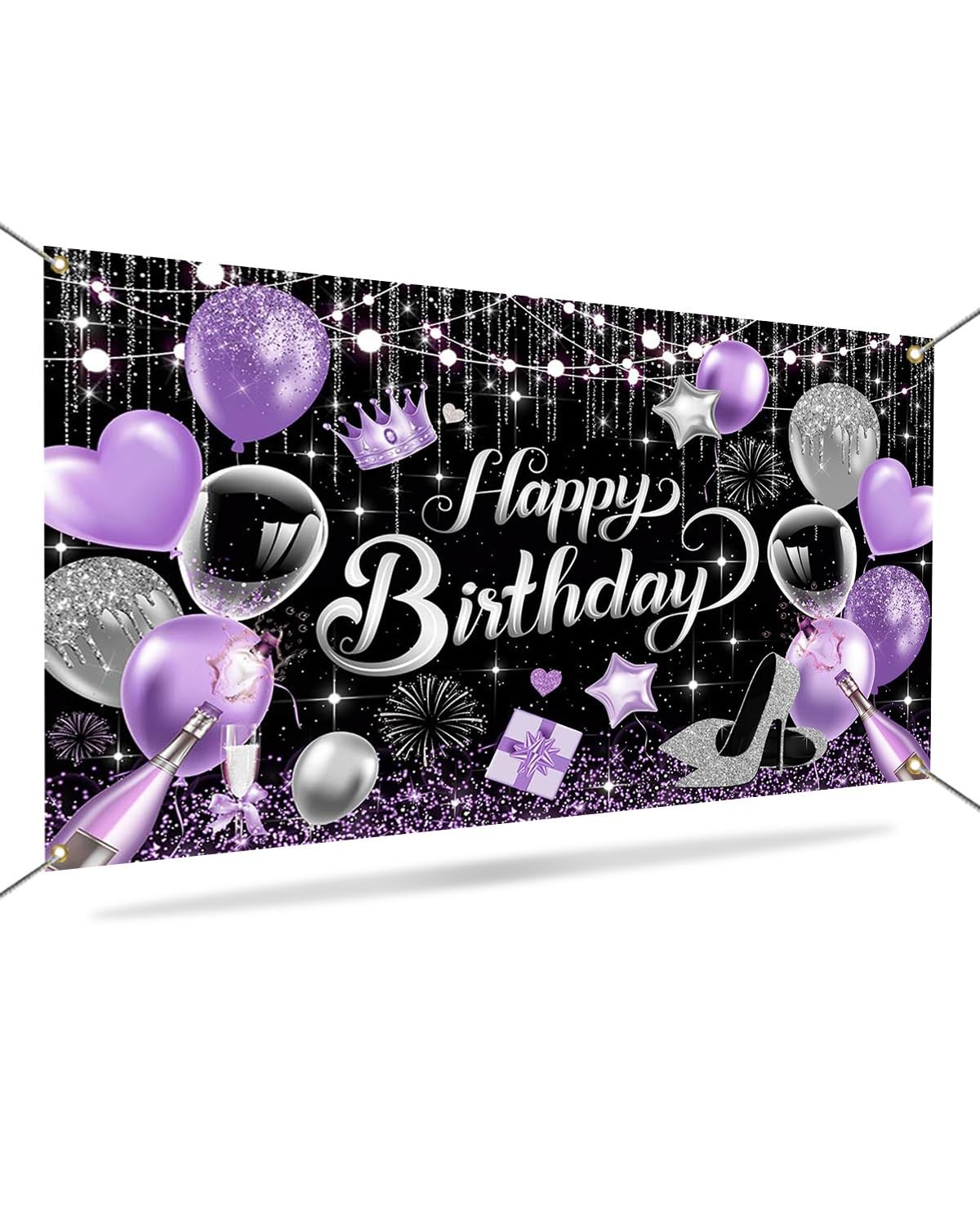 Purple Birthday Backdrop for Woman Glitter Sliver Purple Happy Birthday Party Ba
