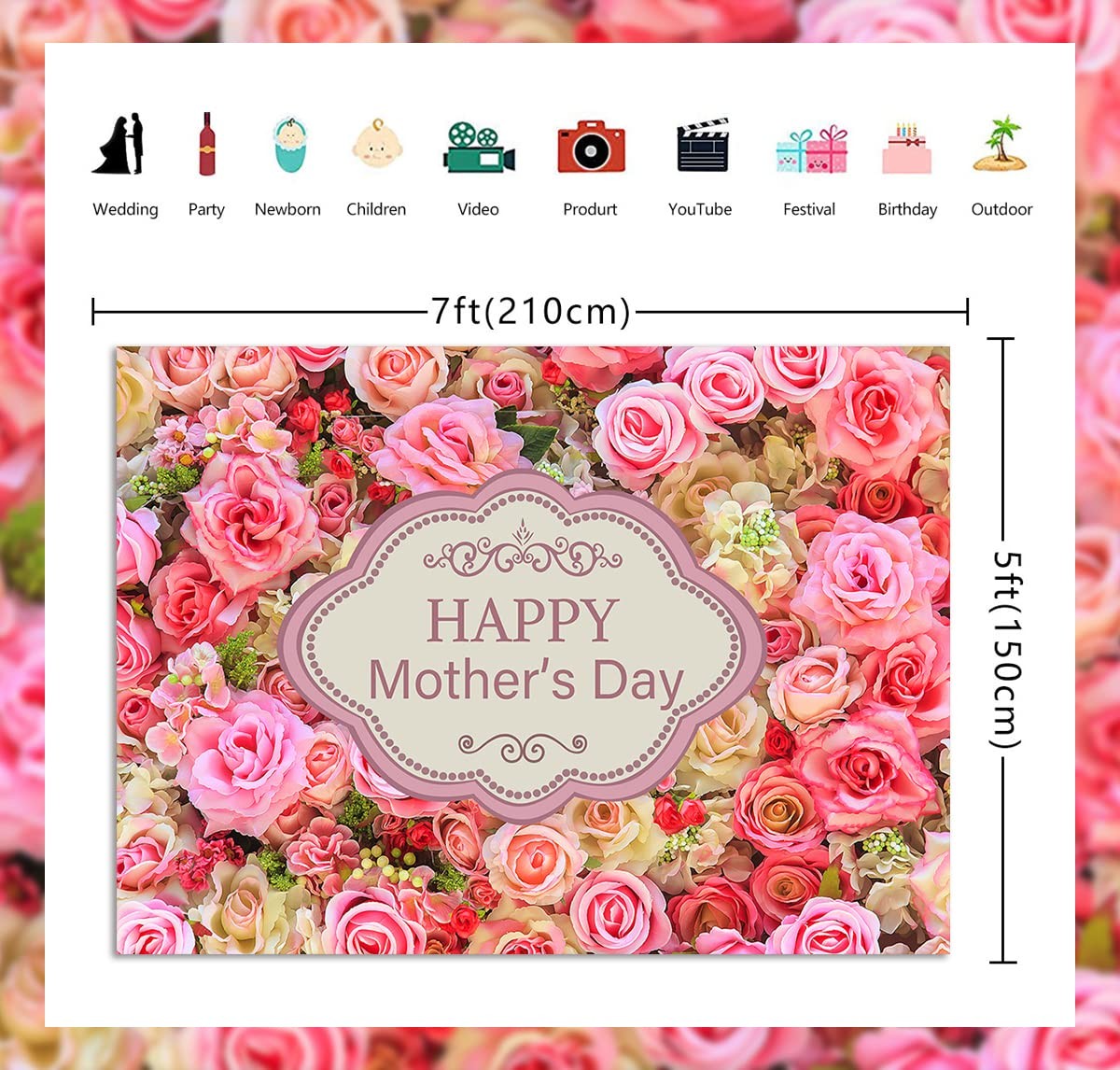 Mother’s Day Flower Backdrop Pink Rose Photography Background Props 7×5 FT