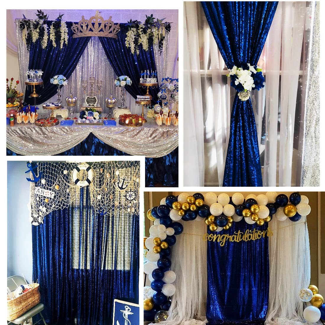 6FT x 8FT Navy Blue Sequin Photography Backdrop Curtain for Party Decoration,…