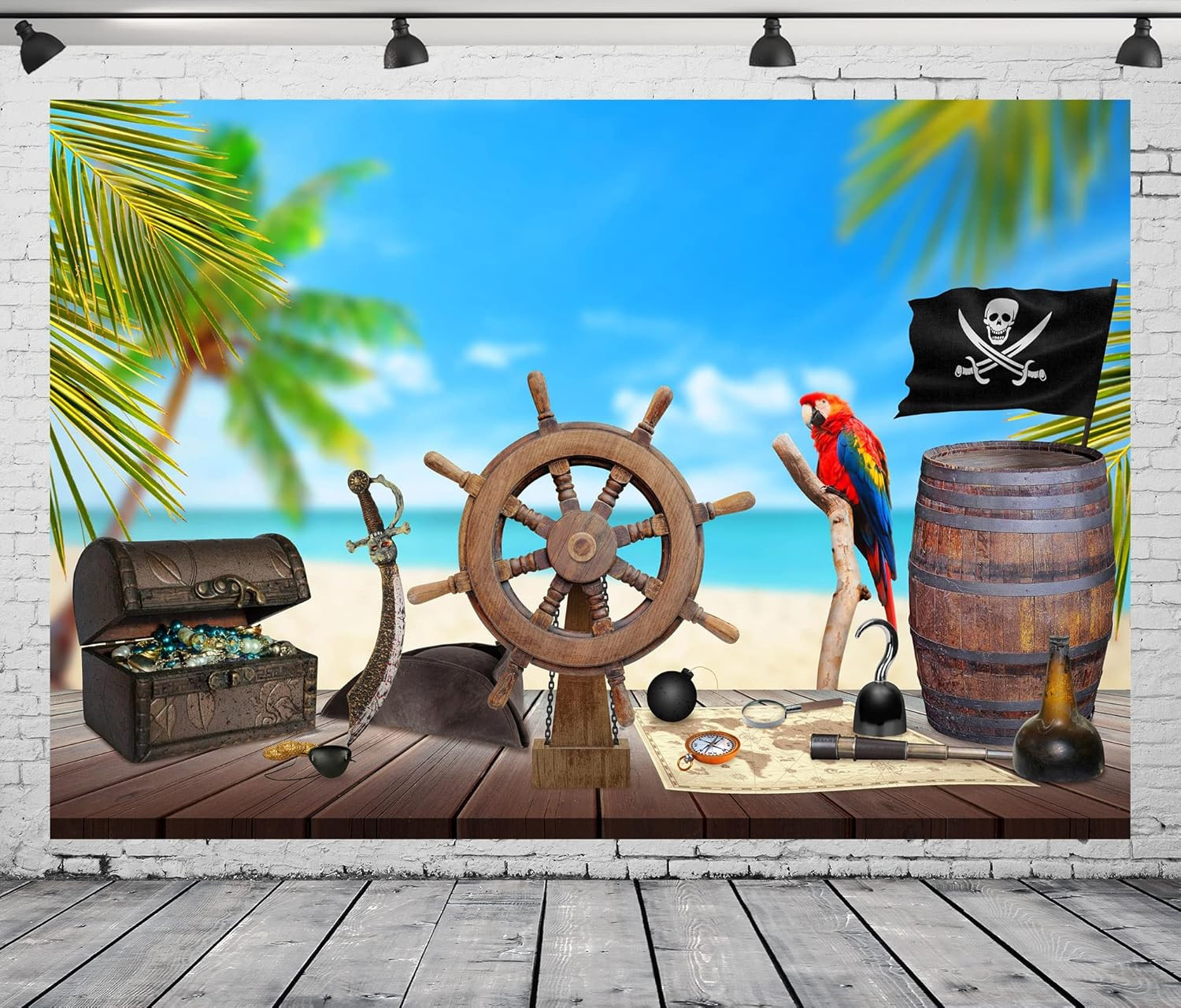 7x5ft Fabric Pirate Backdrop for Photography Beach Pirate Ship Wooden Rudder Tre