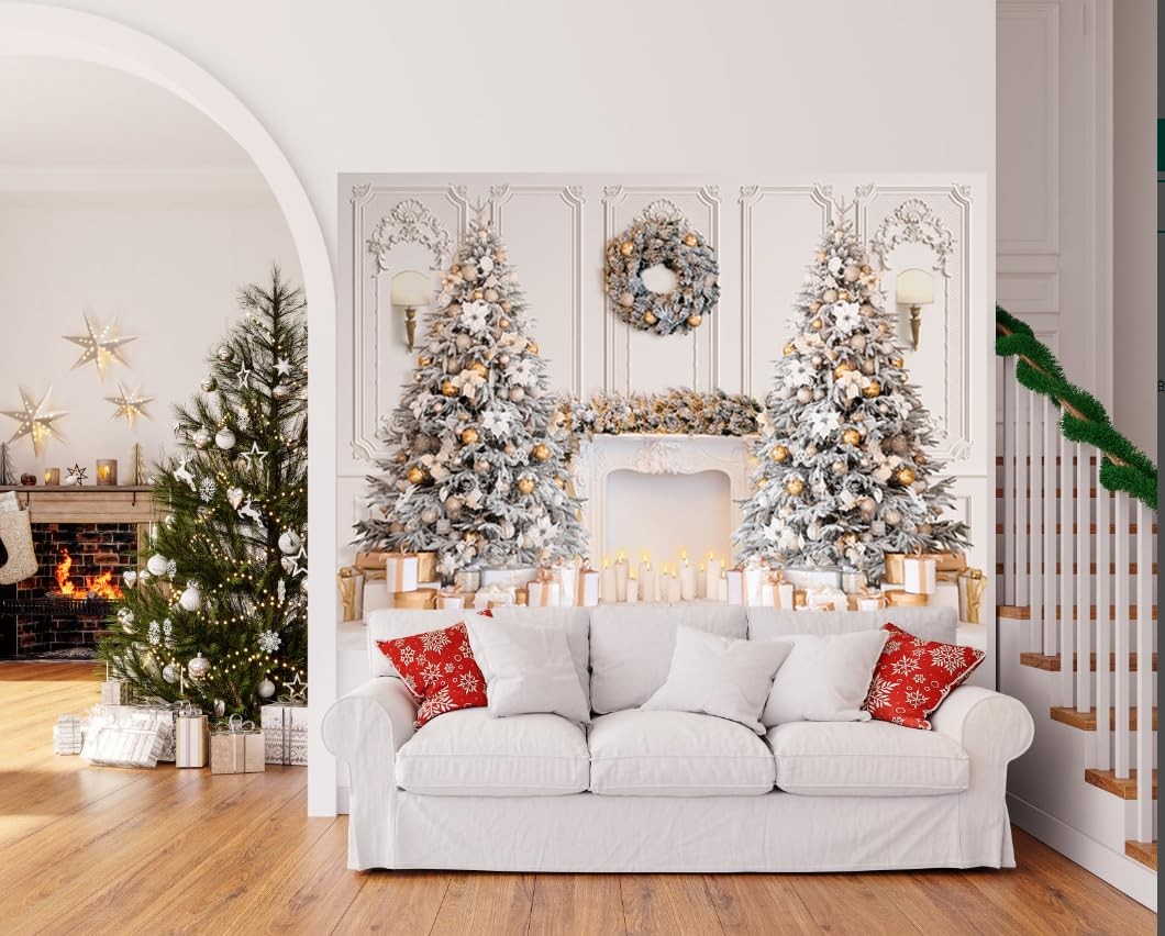 Christmas Interior Photography Backdrop White Fireplace Family Holiday 7×5