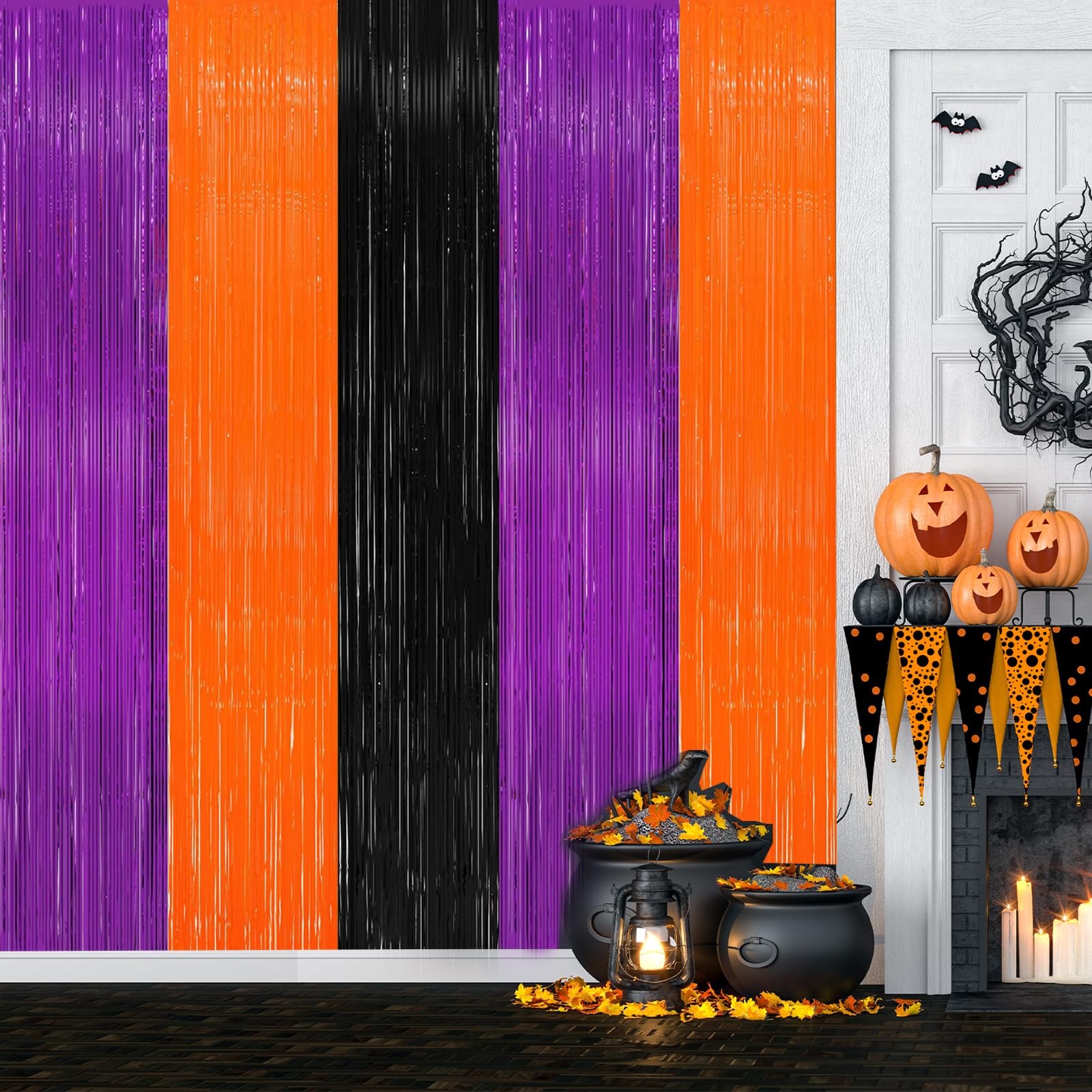 2 Pack Orange Purple Black Halloween Party Decor Foil Fringe Backdrop Curtains