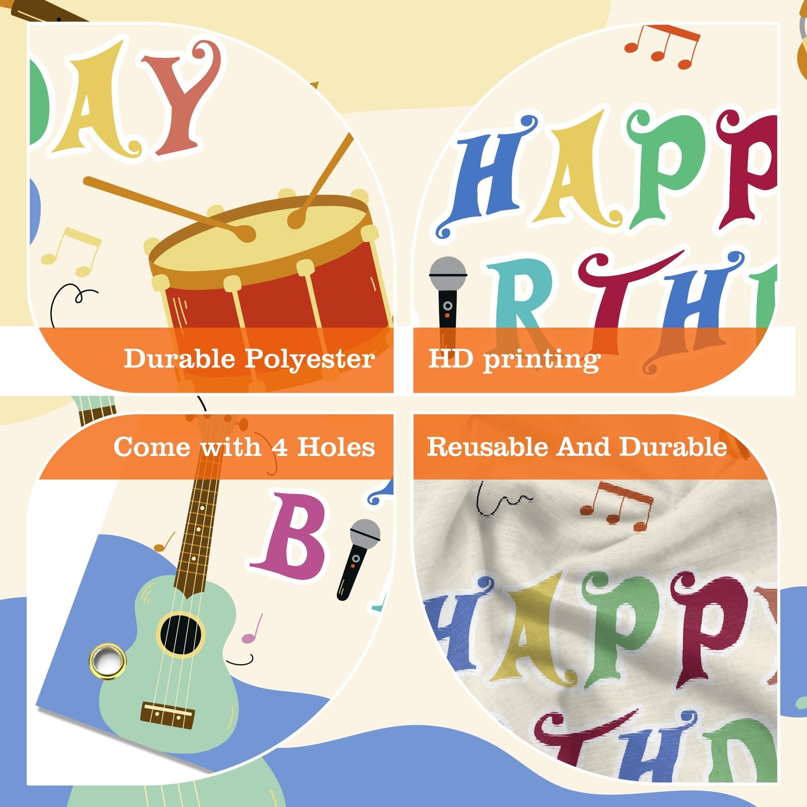 Music Note Happy Birthday Banner Backdrop Various Cartoon Musical Instruments…