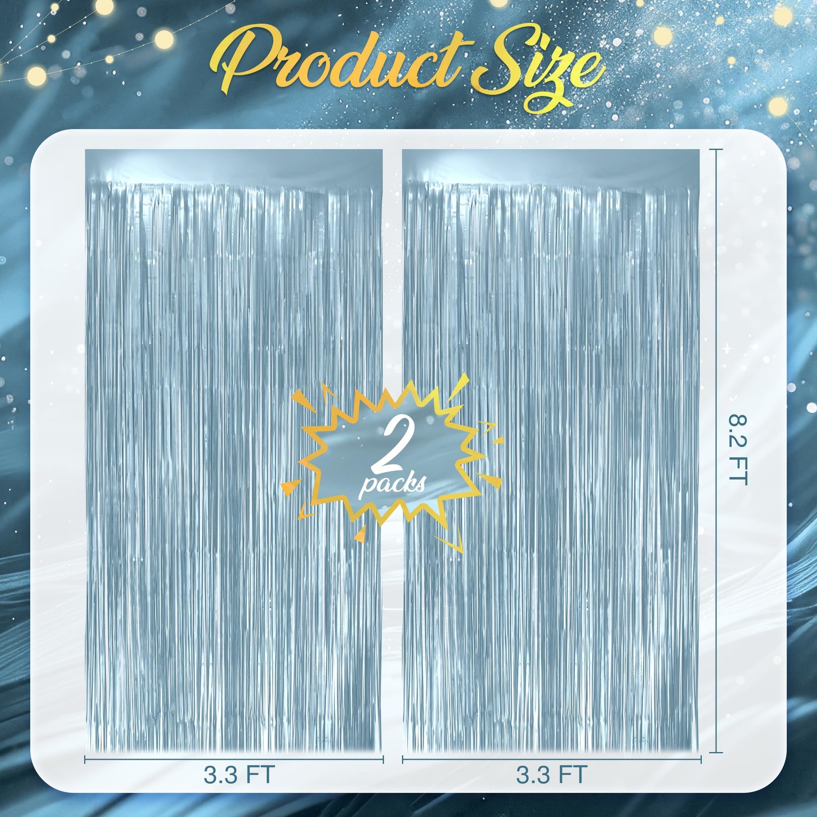 2 Pack Metallic Light Blue Fringe Backdrop 3.2×8.2ft Foil Tinsel Curtain Door