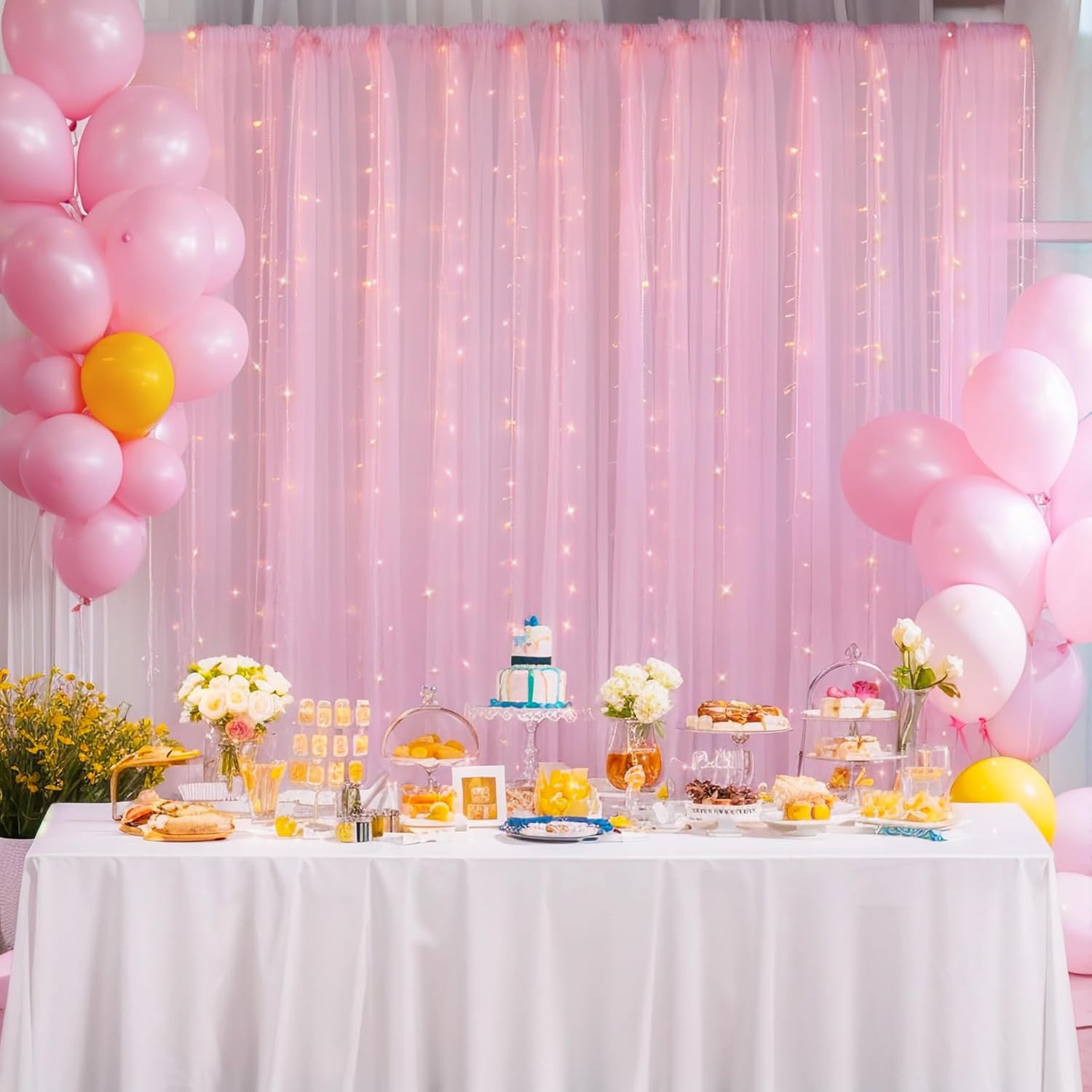 10X10Ft Pink Tulle Backdrop Curtain with Lights String for Parites, Sheer Backdr