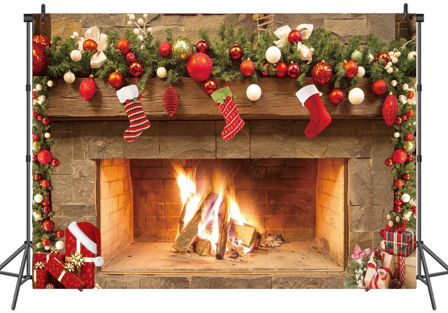 Christmas Fireplace Backdrop 7x5ft – Festive Holiday Mantel 7x5ft, Multicolor