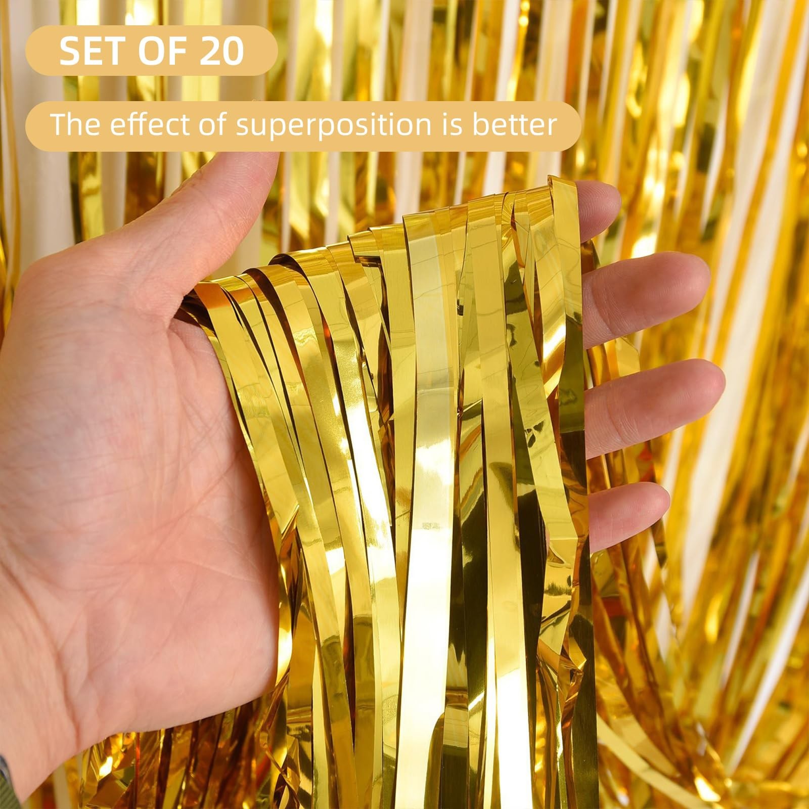 20 Pack Gold Foil Fringe Curtains 3.2ft x 9.8ft Metallic Tinsel Backdrop