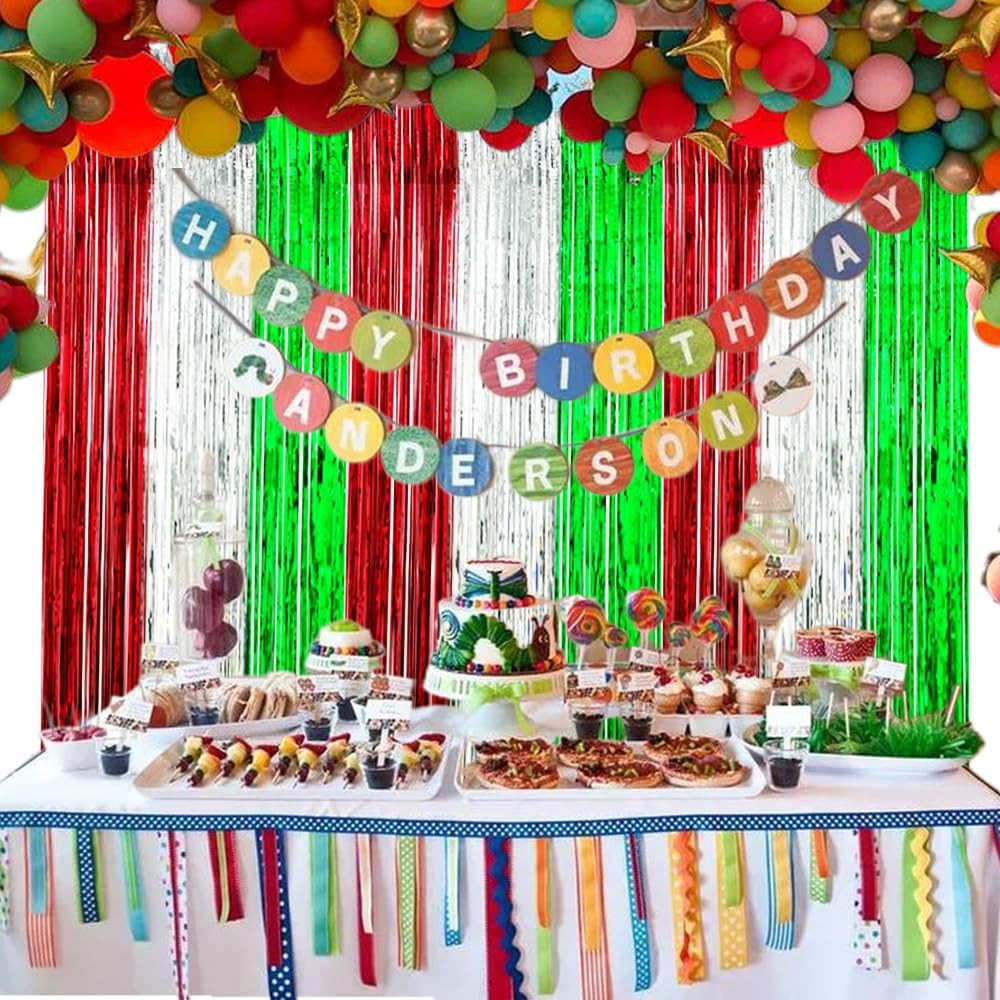 3 PCS 3.3×6.56ft Christmas Party Backdrop Red Green Silver Foil Fringe Curtain
