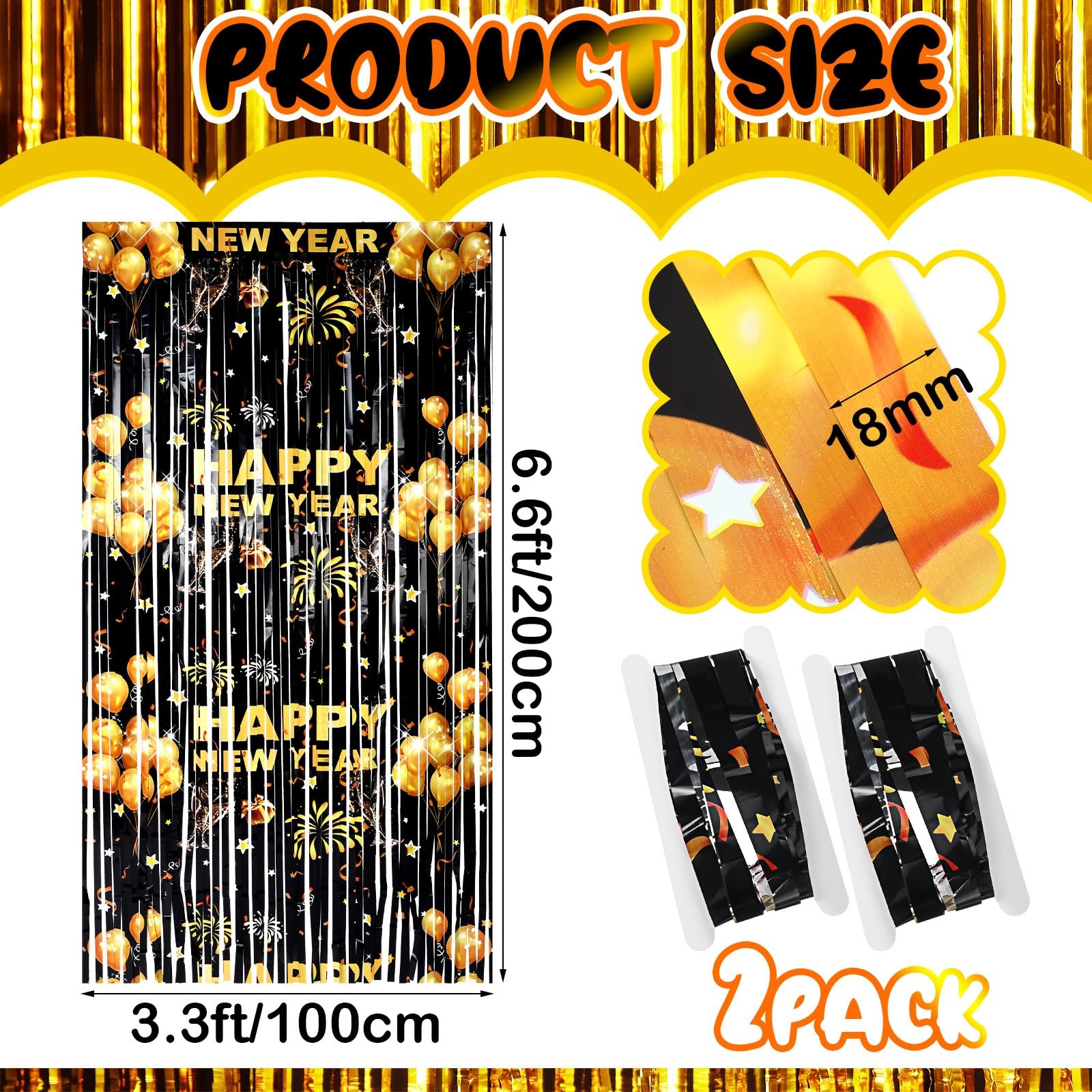 2 PCS Black Gold 2026 Happy New Year Foil Fringe Tinsel Curtains 3.3×6.6 FT