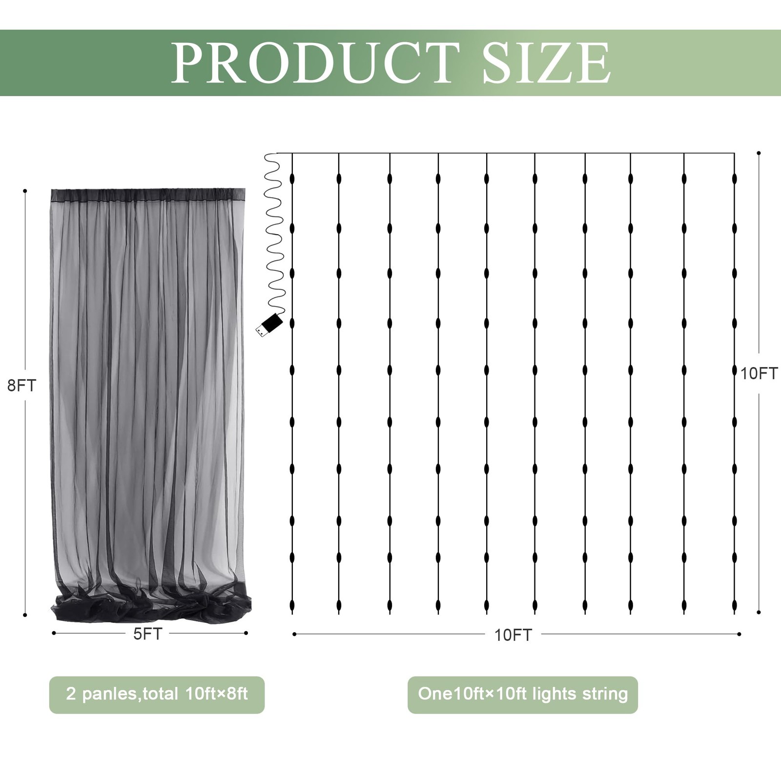 2 Panels 5×8 Ft Black Sheer Tulle Backdrop Curtain Lights Wedding Party