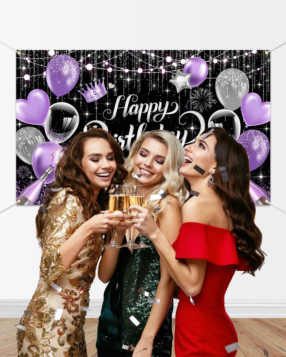 Purple Birthday Backdrop for Woman Glitter Sliver Purple Happy Birthday Party Ba