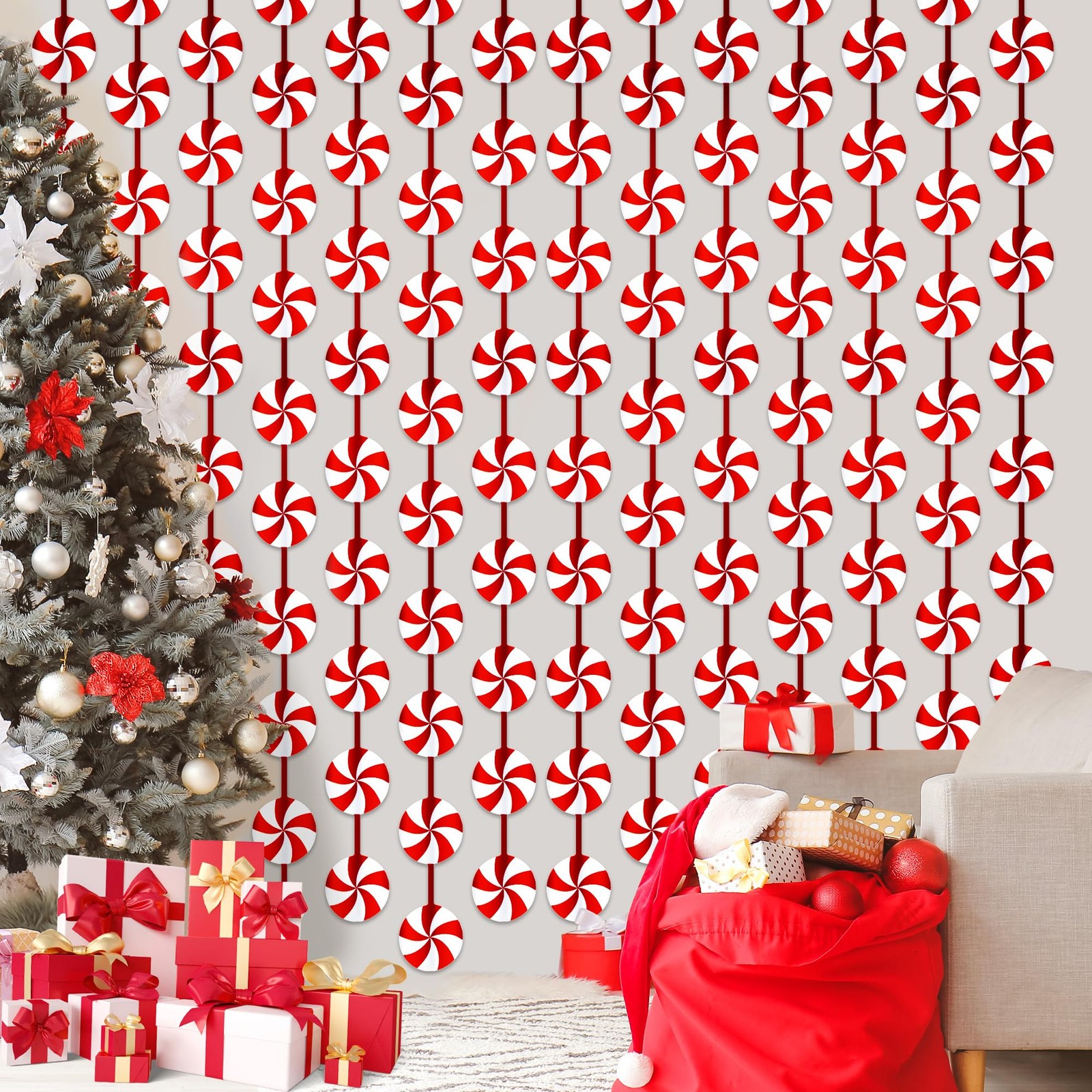 2 PCS Candy Cane Foil Fringe Curtains 3.3×6.56Ft Red White Christmas Decor