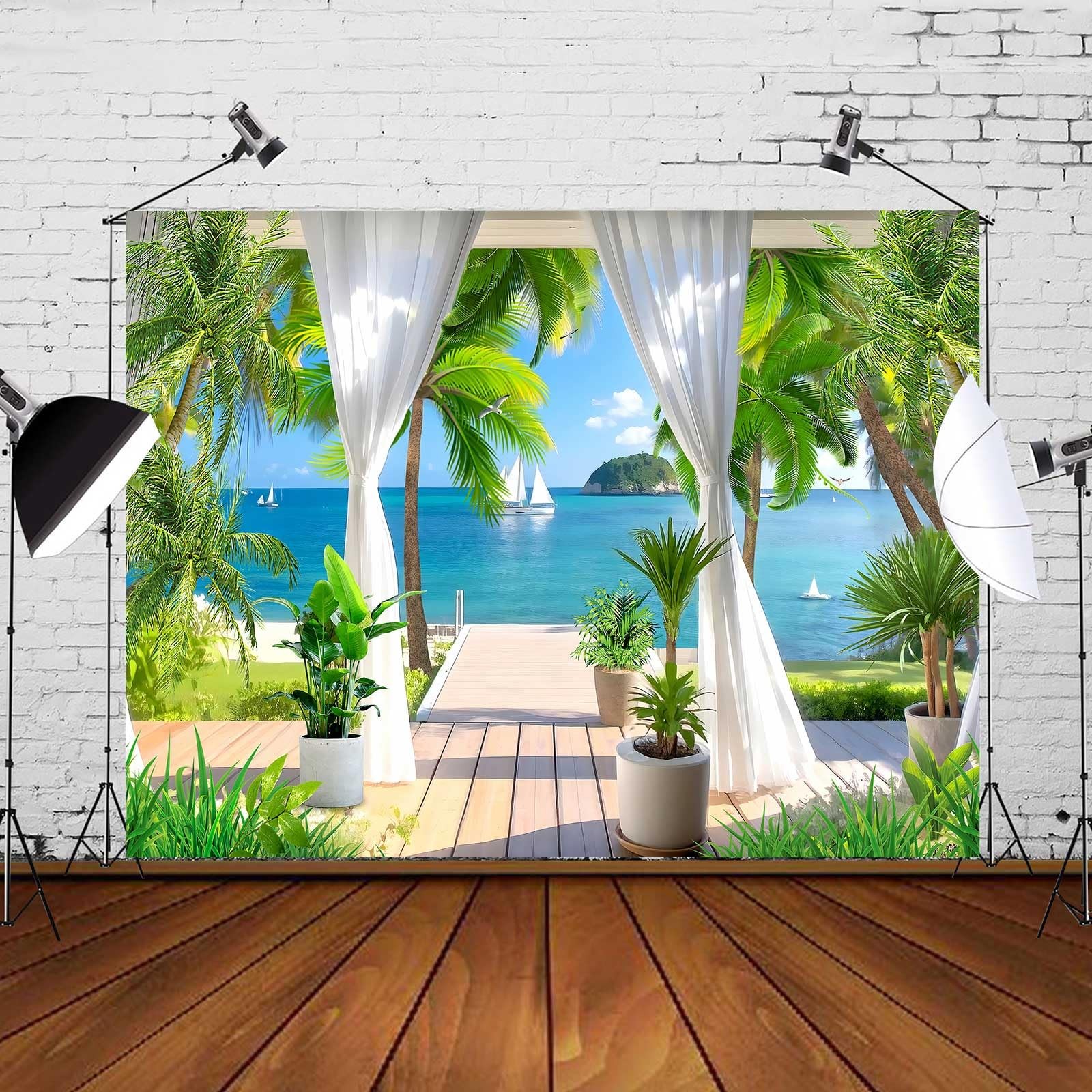 Summer Sea Backdrop Hawaiian Tropical Beach Plants Photography Backdrops, Vil…
