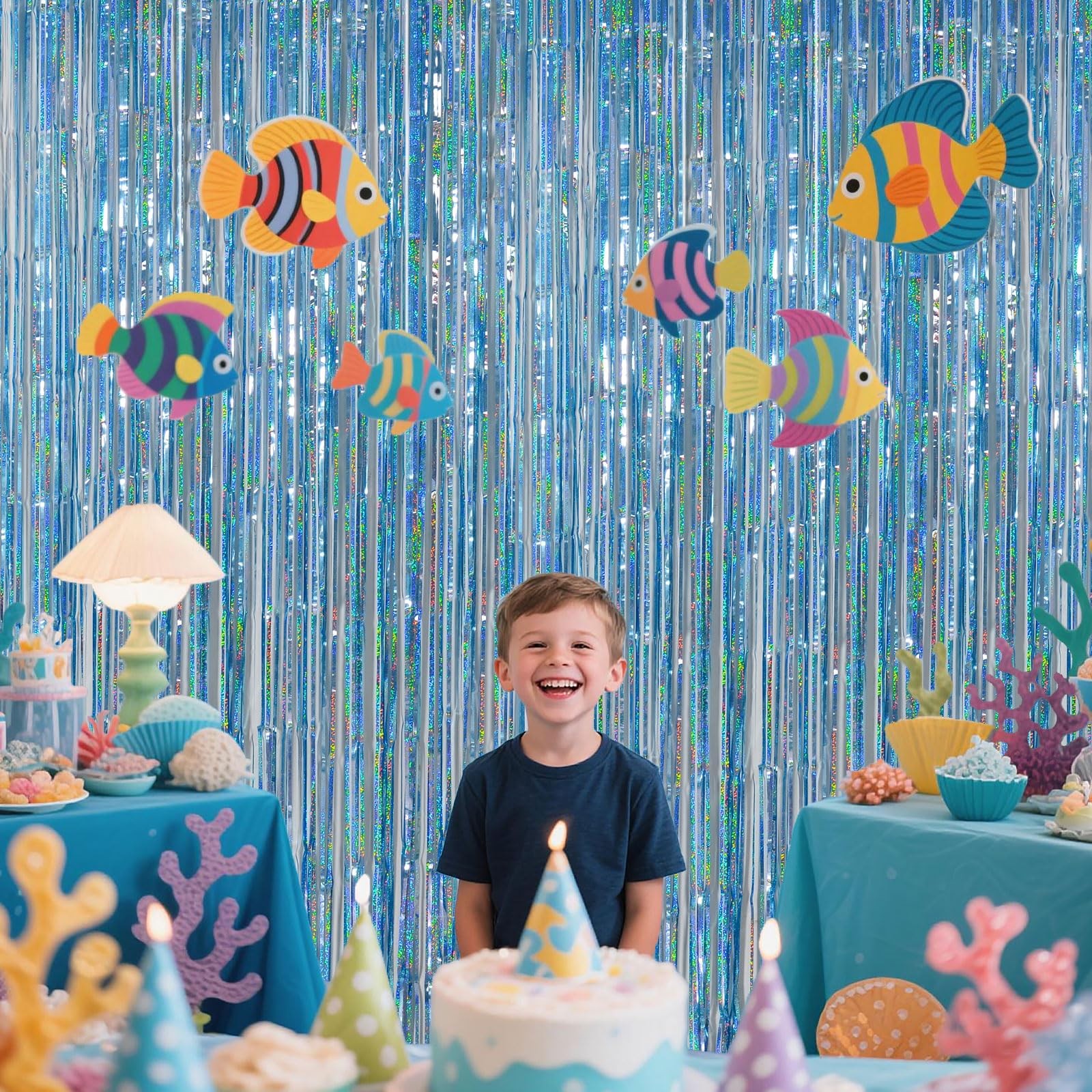 Light Blue Metallic Streamer Backdrop with Glitter Tinsel,3.28 x 6.56ft Foil …