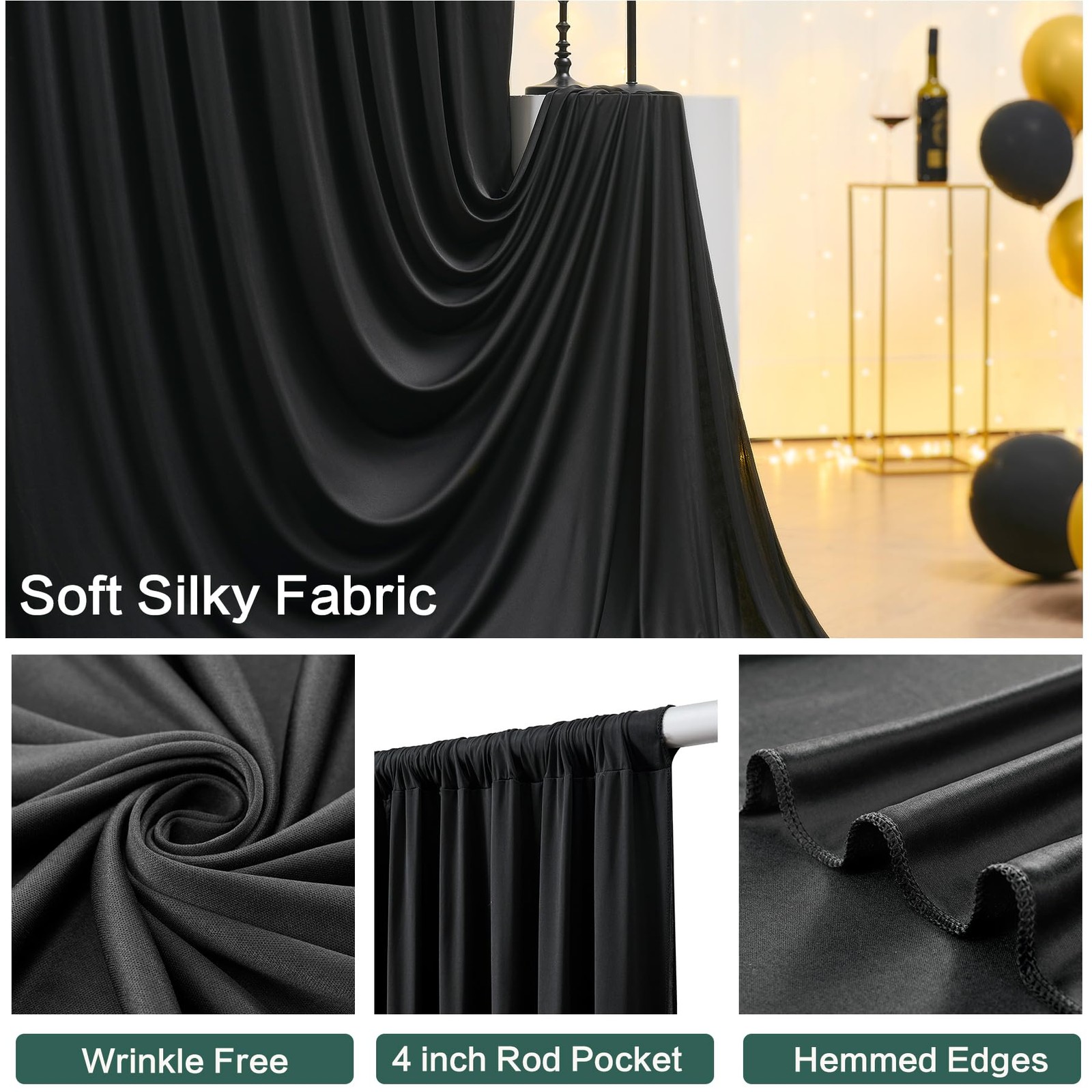 10ft x 15ft Black Backdrop Curtain 2 Panels Wrinkle Free Photo Studio