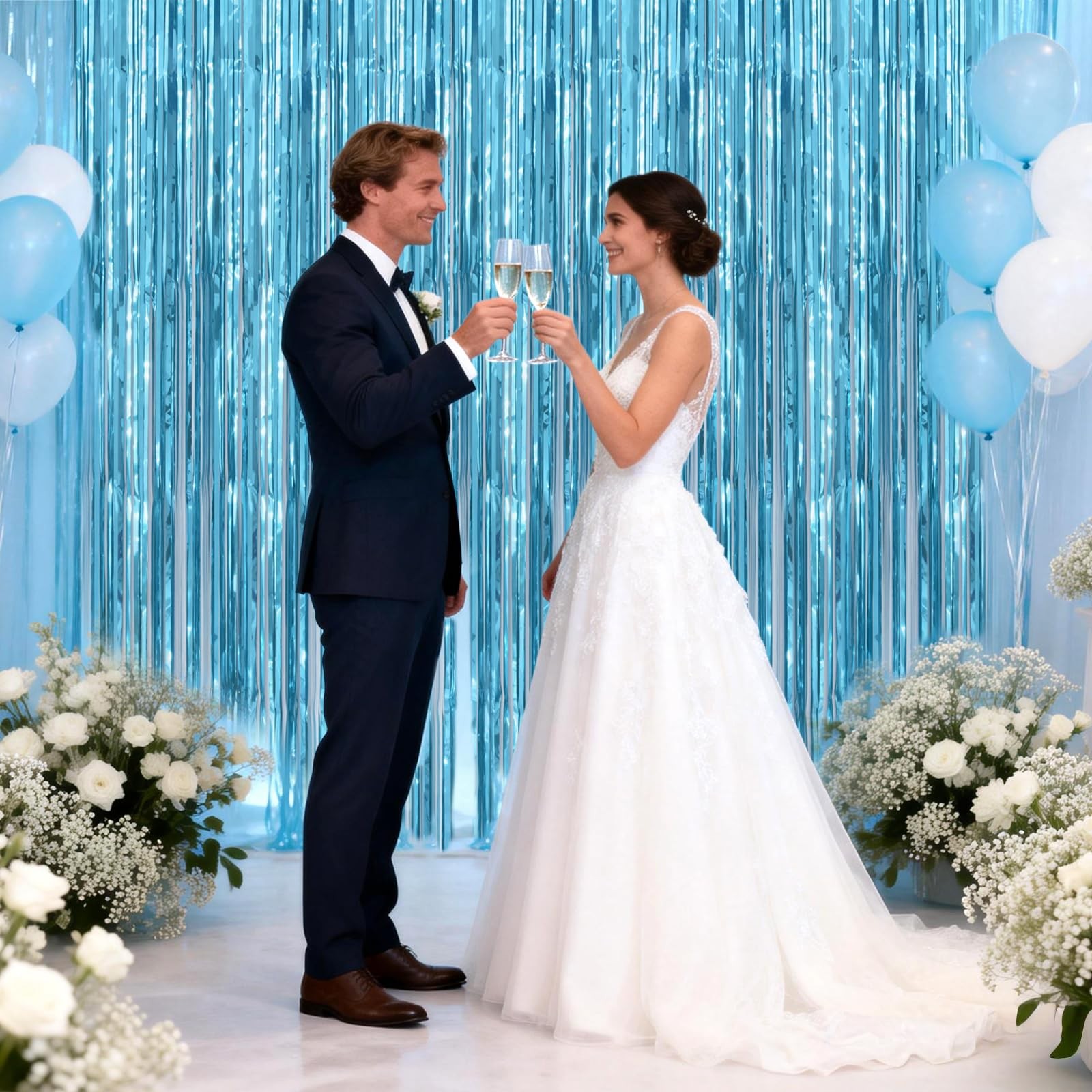 Light Blue Tinsel Foil Fringe Curtain Photo Backdrop 3.2×6.5 Ft 3 Pack