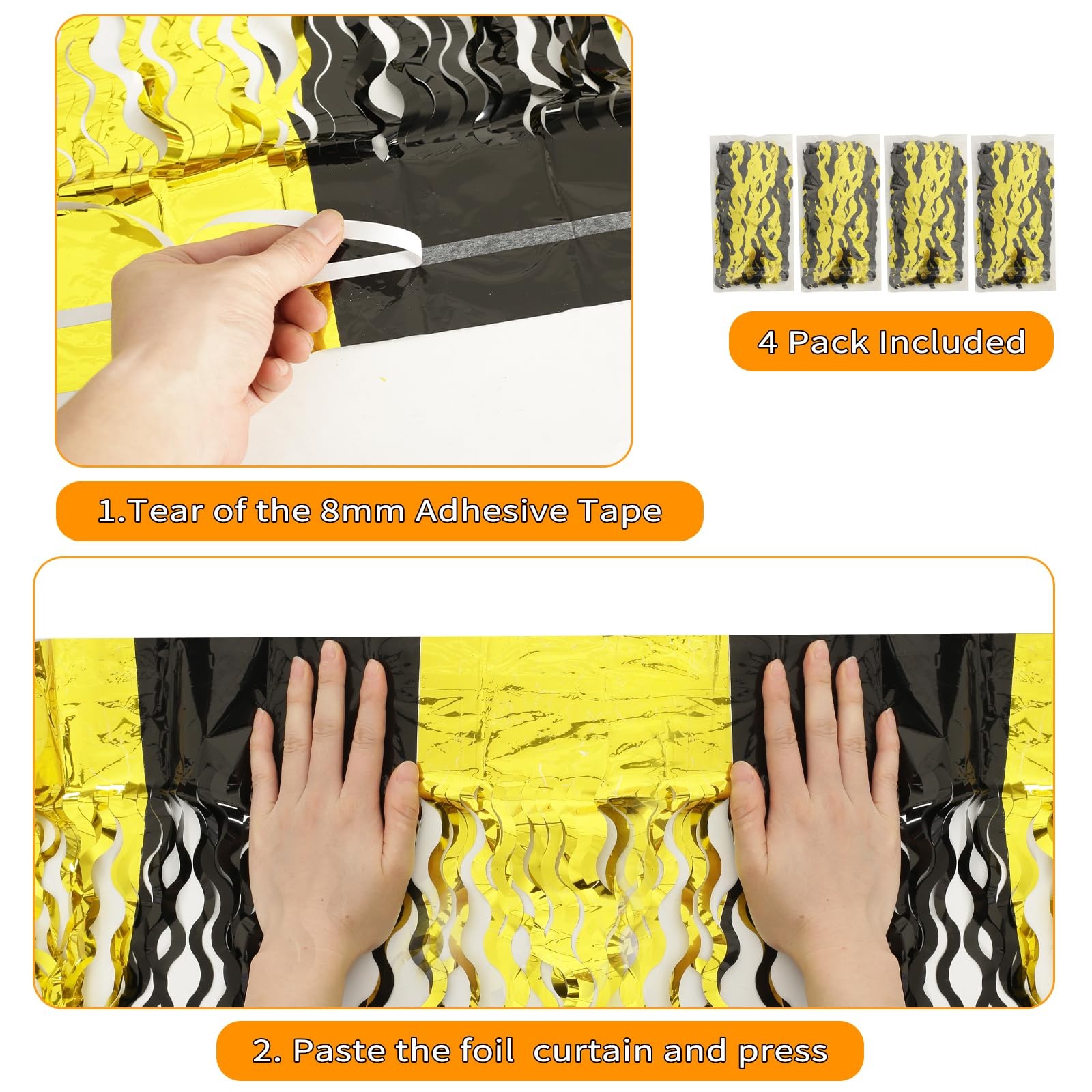 4 PCS Black Gold Wavy Foil Fringe Curtains Streamers 3.3×6.6 Ft Photo Backdrop